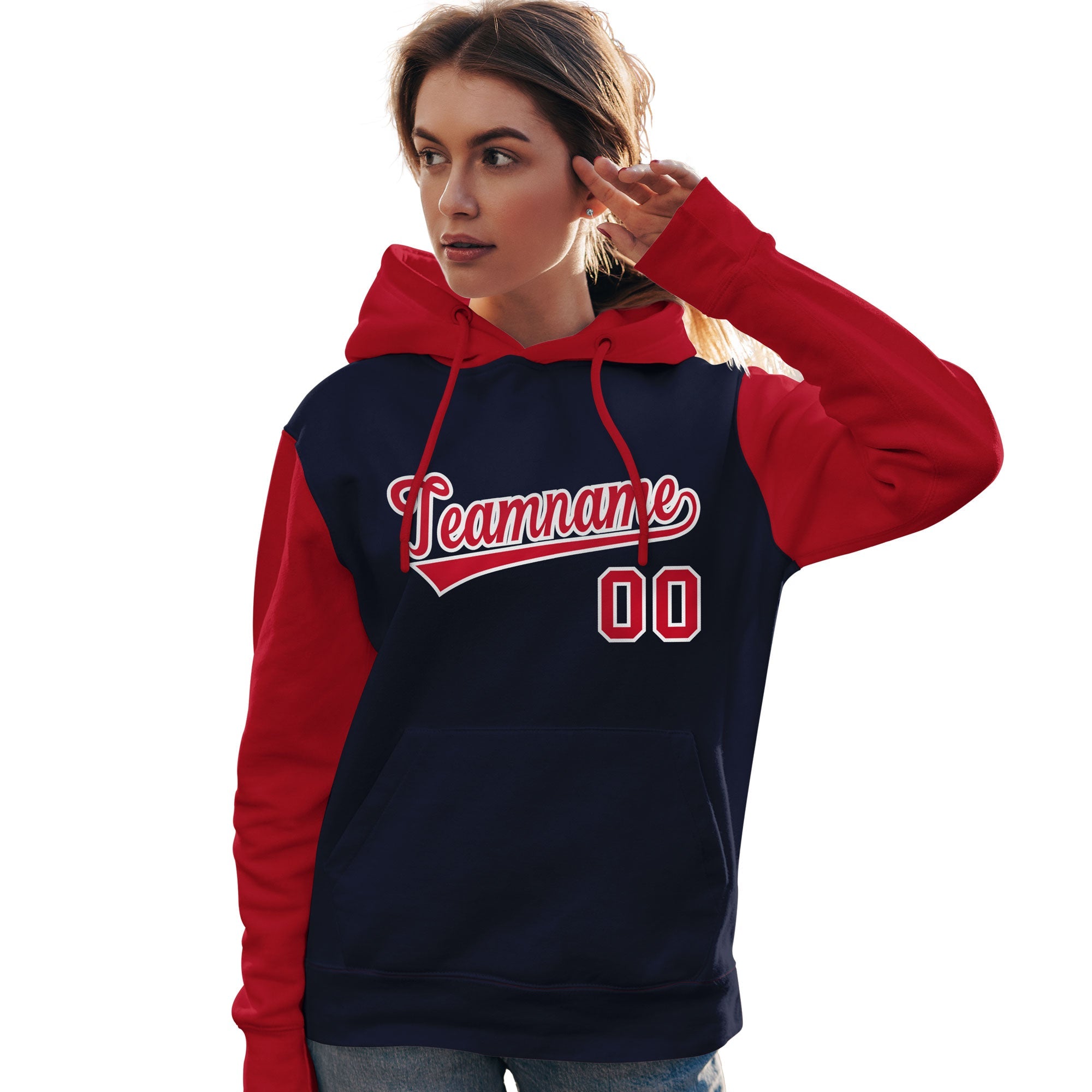 Custom Navy Red-White Raglan Sleeves Pullover Personalized Team Sweatshirt Hoodie