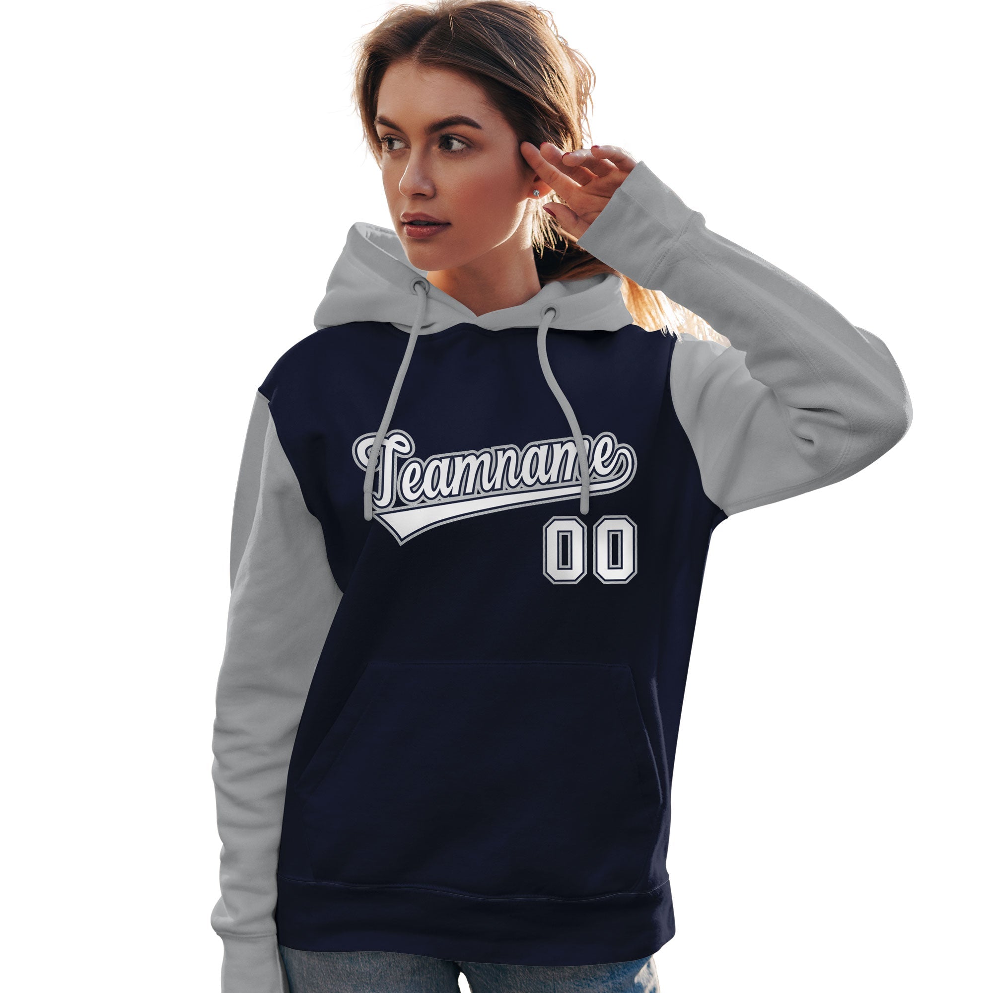 Custom Navy White-Gray Raglan Sleeves Pullover Personalized Team Sweatshirt Hoodie