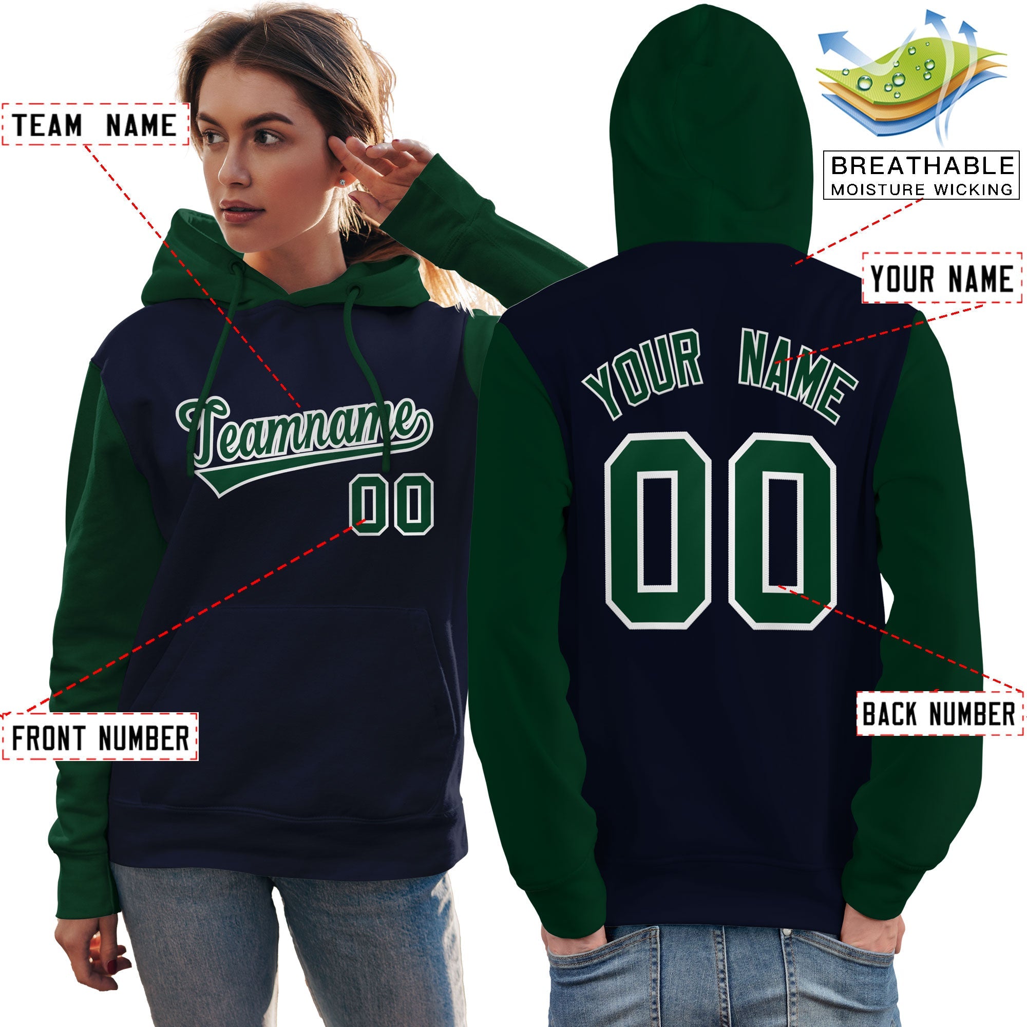 Custom Navy Green-White Raglan Sleeves Pullover Personalized Team Sweatshirt Hoodie