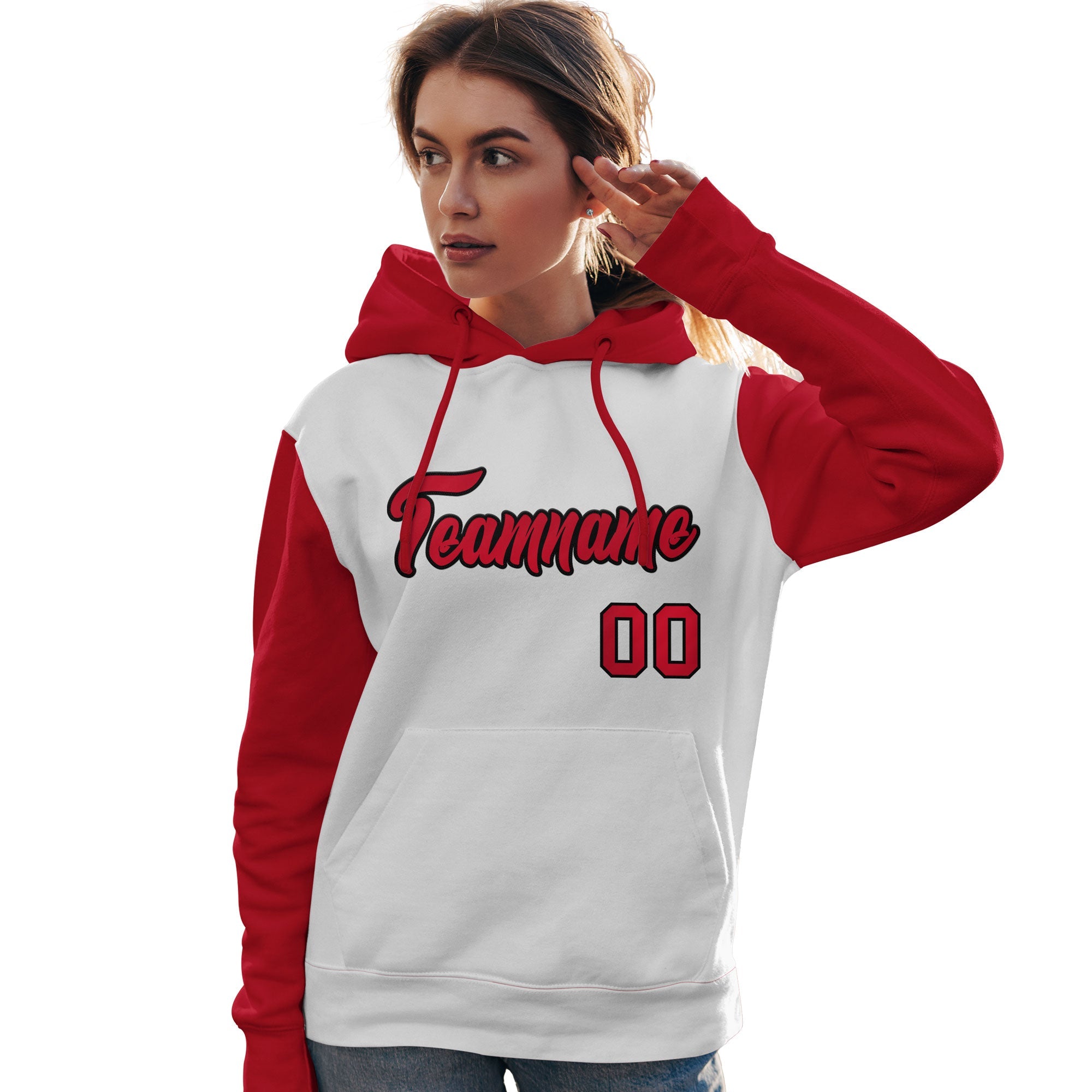 Custom White Red-Black Raglan Sleeves Pullover Personalized Team Sweatshirt Hoodie