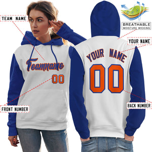 Custom White Royal-Orange Raglan Sleeves Pullover Personalized Team Sweatshirt Hoodie