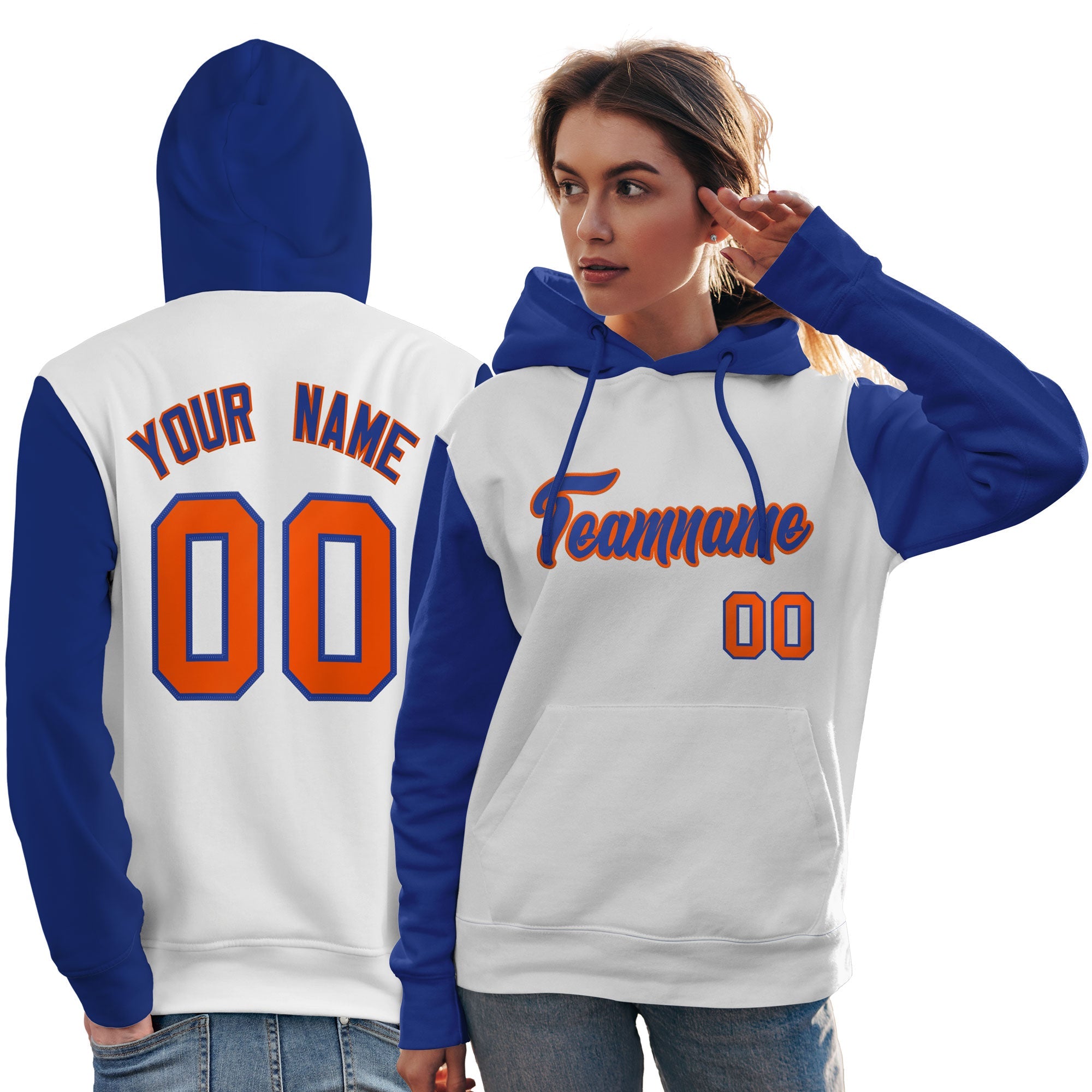 Custom White Royal-Orange Raglan Sleeves Pullover Personalized Team Sweatshirt Hoodie