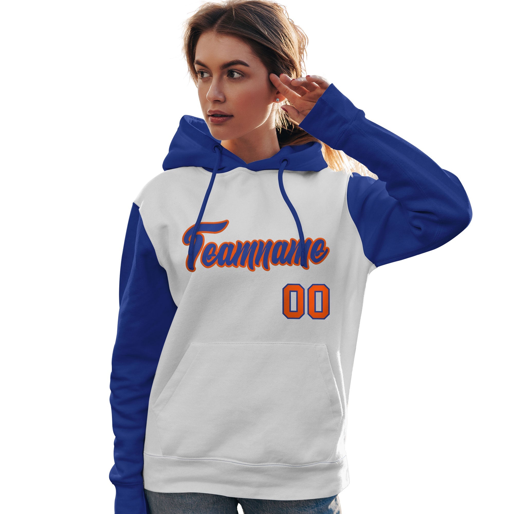 Custom White Royal-Orange Raglan Sleeves Pullover Personalized Team Sweatshirt Hoodie