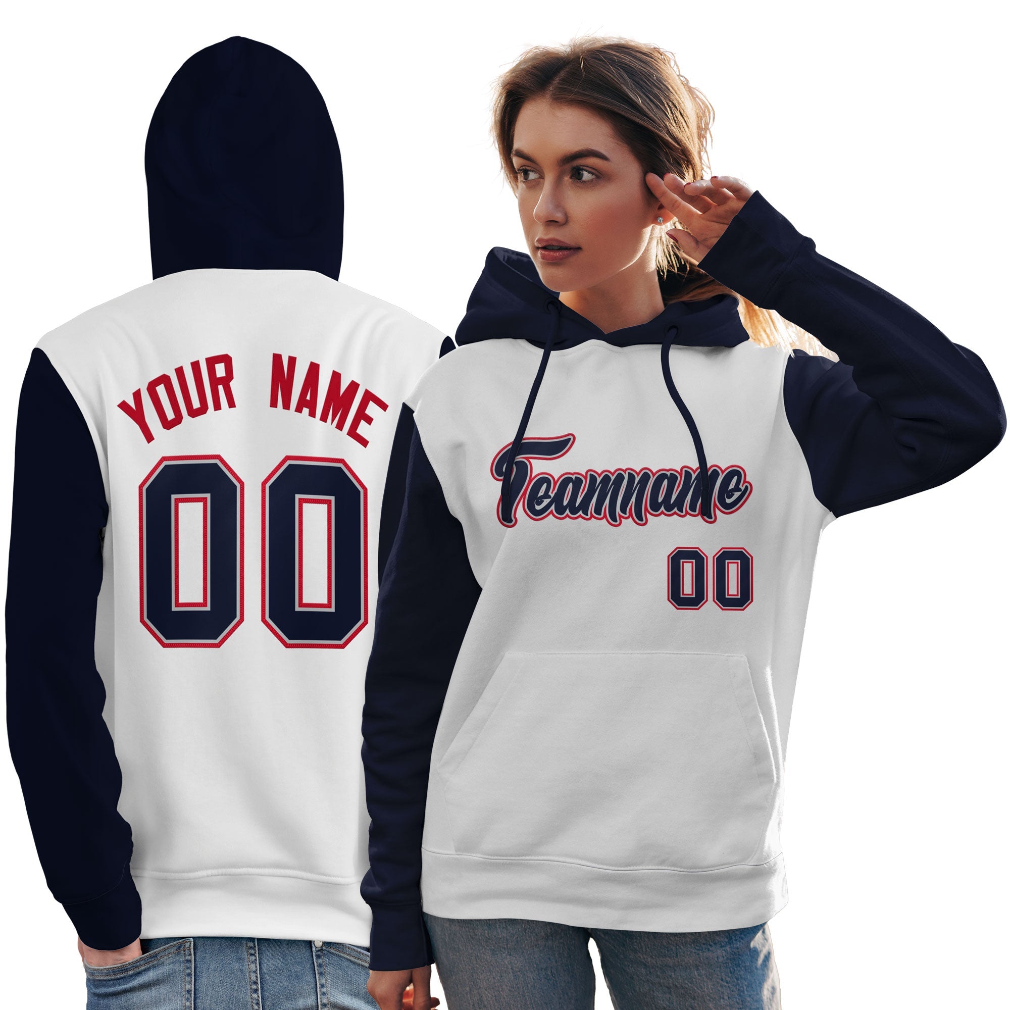 Custom White Navy-Red Raglan Sleeves Pullover Personalized Team Sweatshirt Hoodie