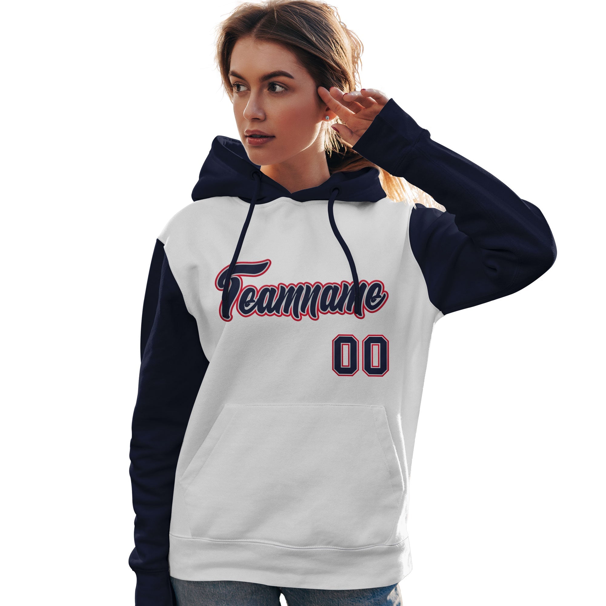 Custom White Navy-Red Raglan Sleeves Pullover Personalized Team Sweatshirt Hoodie