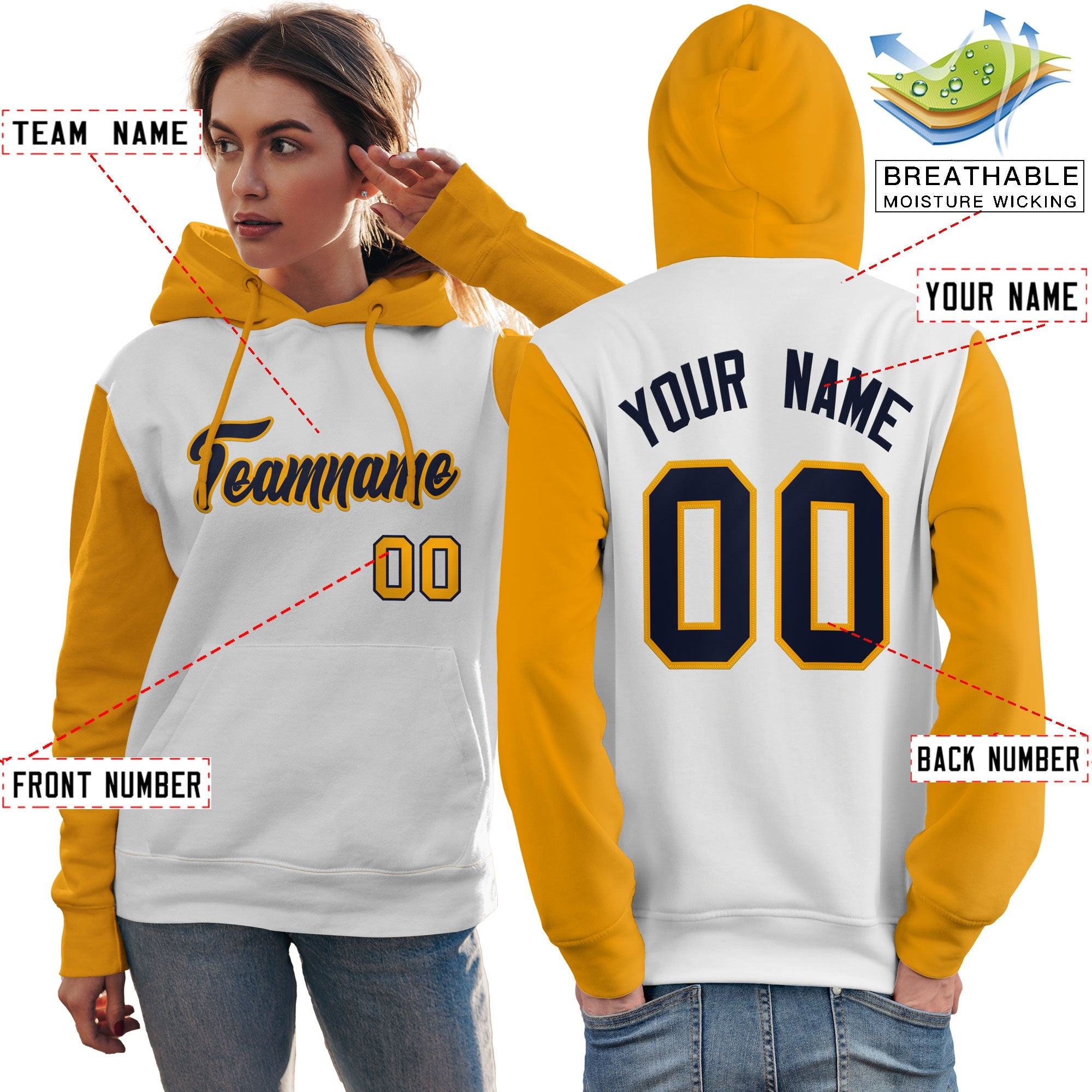 Custom White Navy-Gold Raglan Sleeves Pullover Personalized Team Sweatshirt Hoodie