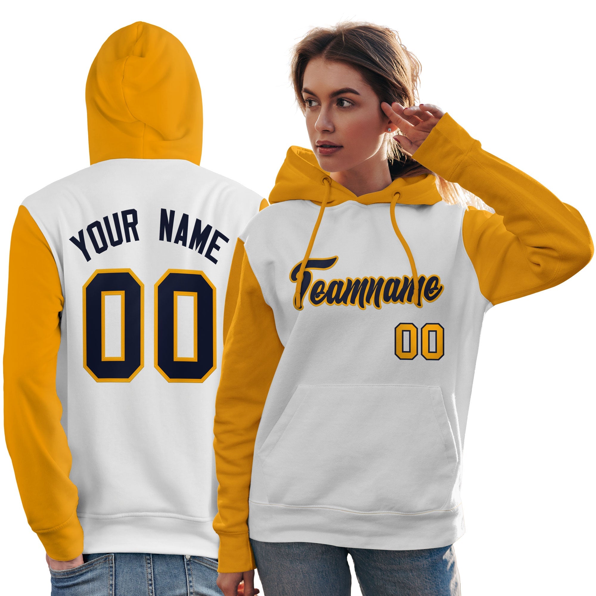 Custom White Navy-Gold Raglan Sleeves Pullover Personalized Team Sweatshirt Hoodie