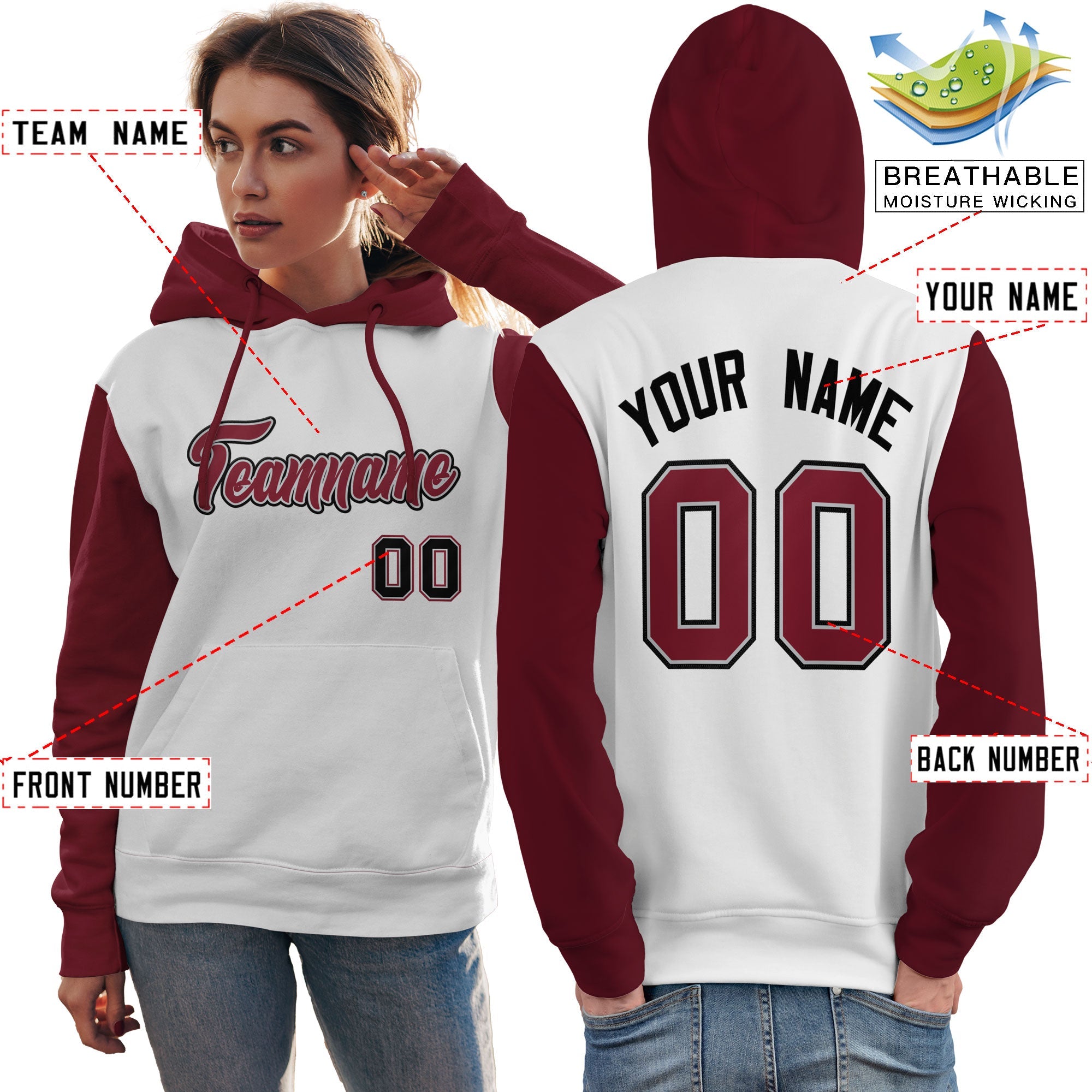 Custom White Crimson-Black Raglan Sleeves Pullover Personalized Team Sweatshirt Hoodie