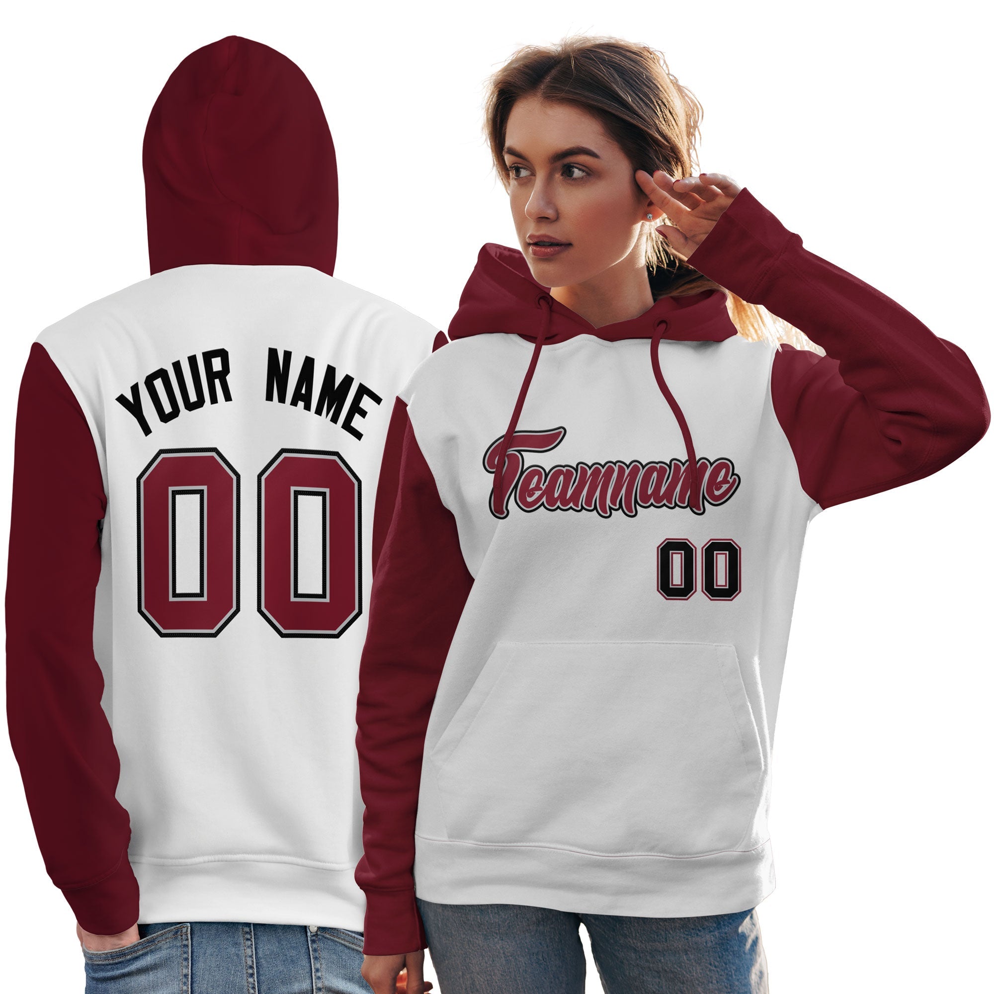 Custom White Crimson-Black Raglan Sleeves Pullover Personalized Team Sweatshirt Hoodie