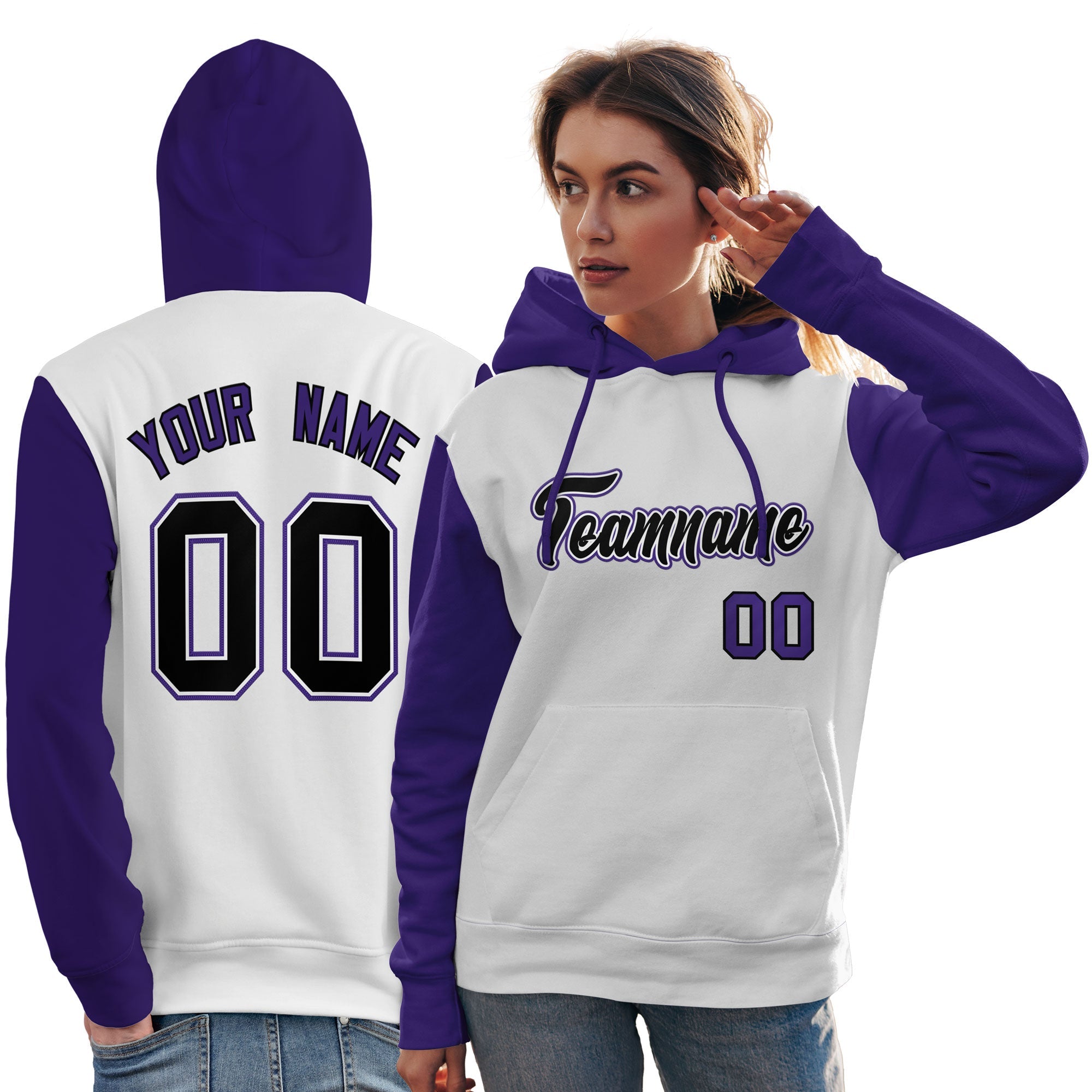 Custom White Black-Purple Raglan Sleeves Pullover Personalized Team Sweatshirt Hoodie