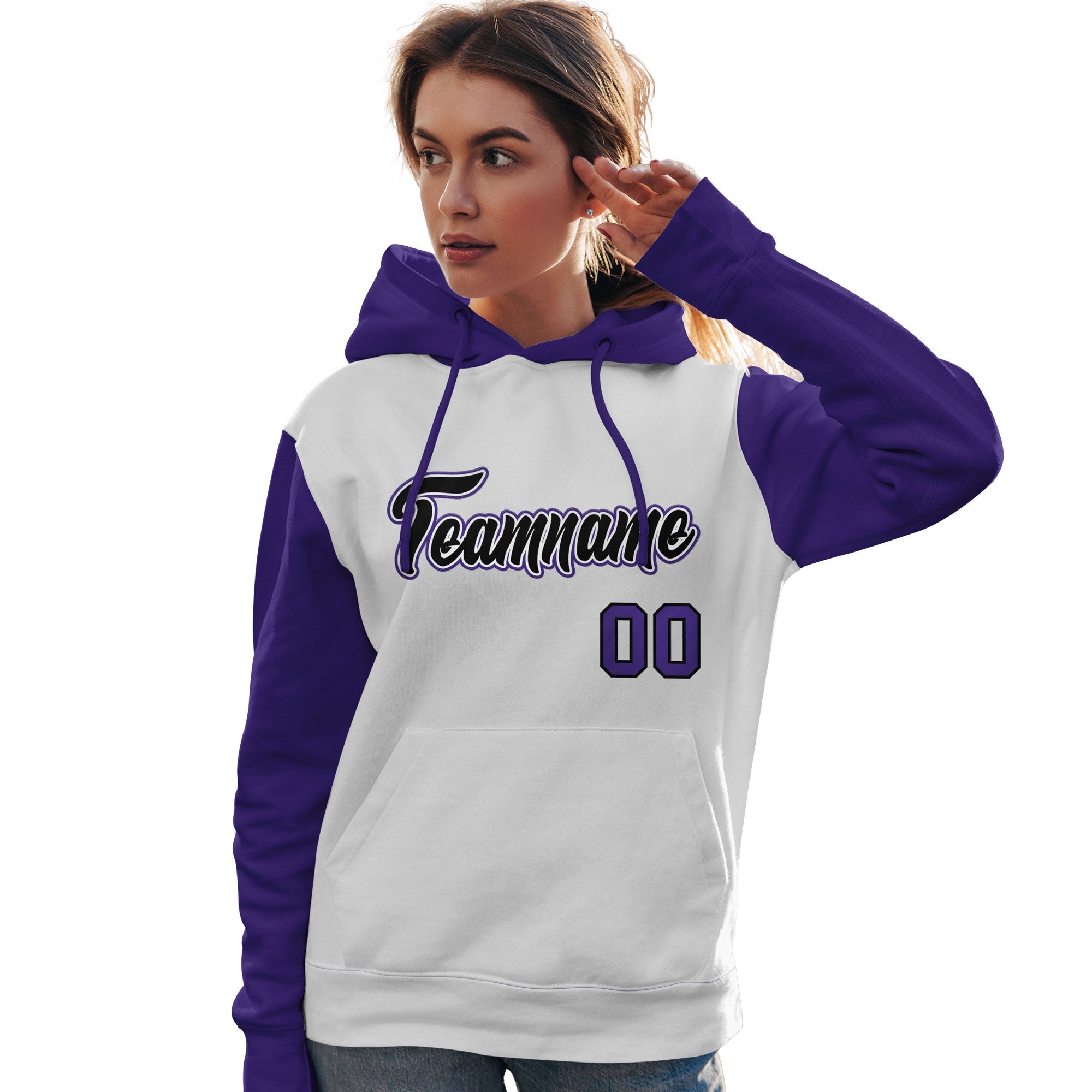 Custom White Black-Purple Raglan Sleeves Pullover Personalized Team Sweatshirt Hoodie