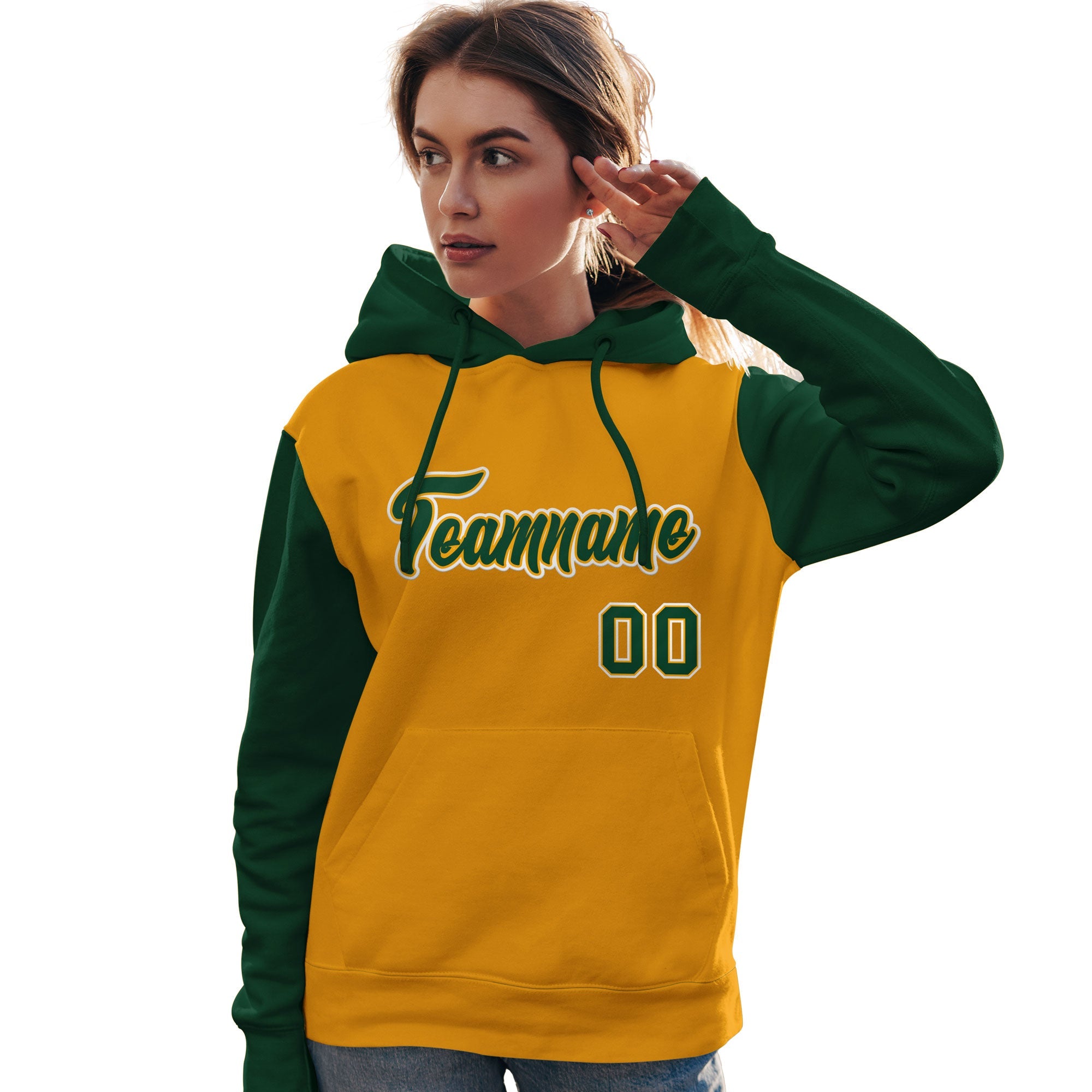 Custom Gold Green-White Raglan Sleeves Pullover Personalized Team Sweatshirt Hoodie