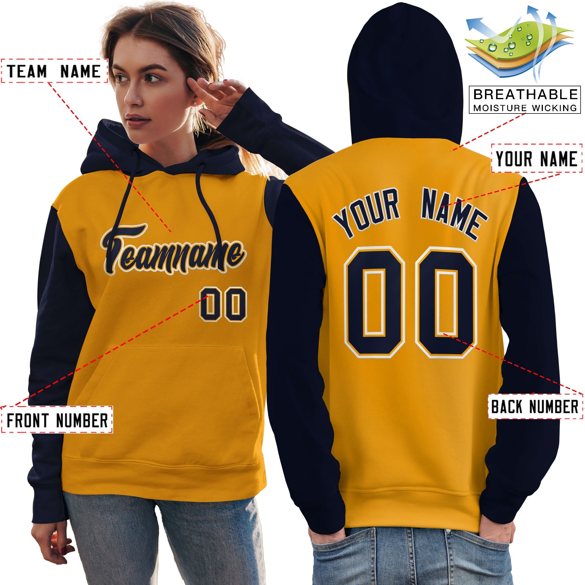 Custom Gold Navy-White Raglan Sleeves Pullover Personalized Team Sweatshirt Hoodie