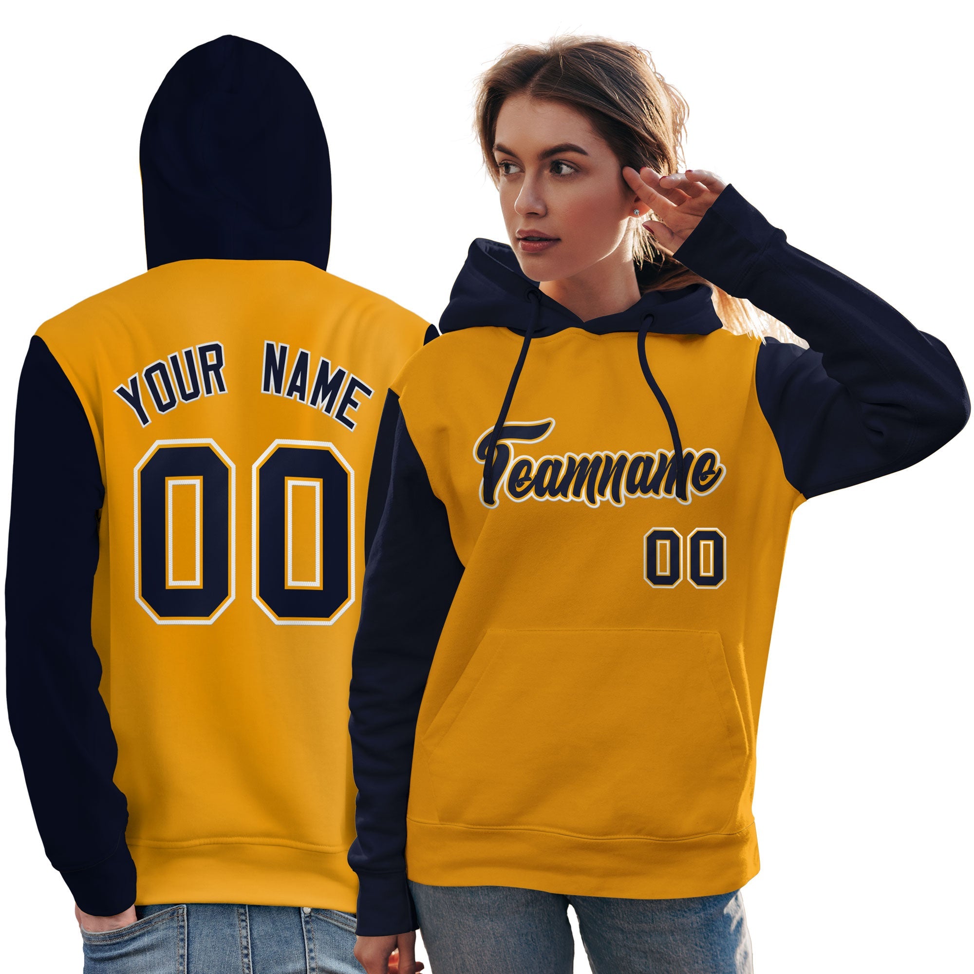 Custom Gold Navy-White Raglan Sleeves Pullover Personalized Team Sweatshirt Hoodie