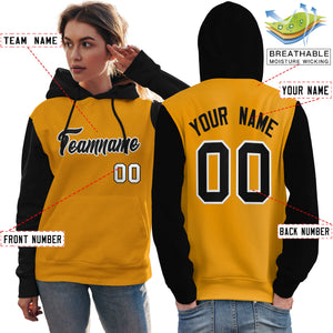 Custom Gold Black-White Raglan Sleeves Pullover Personalized Team Sweatshirt Hoodie