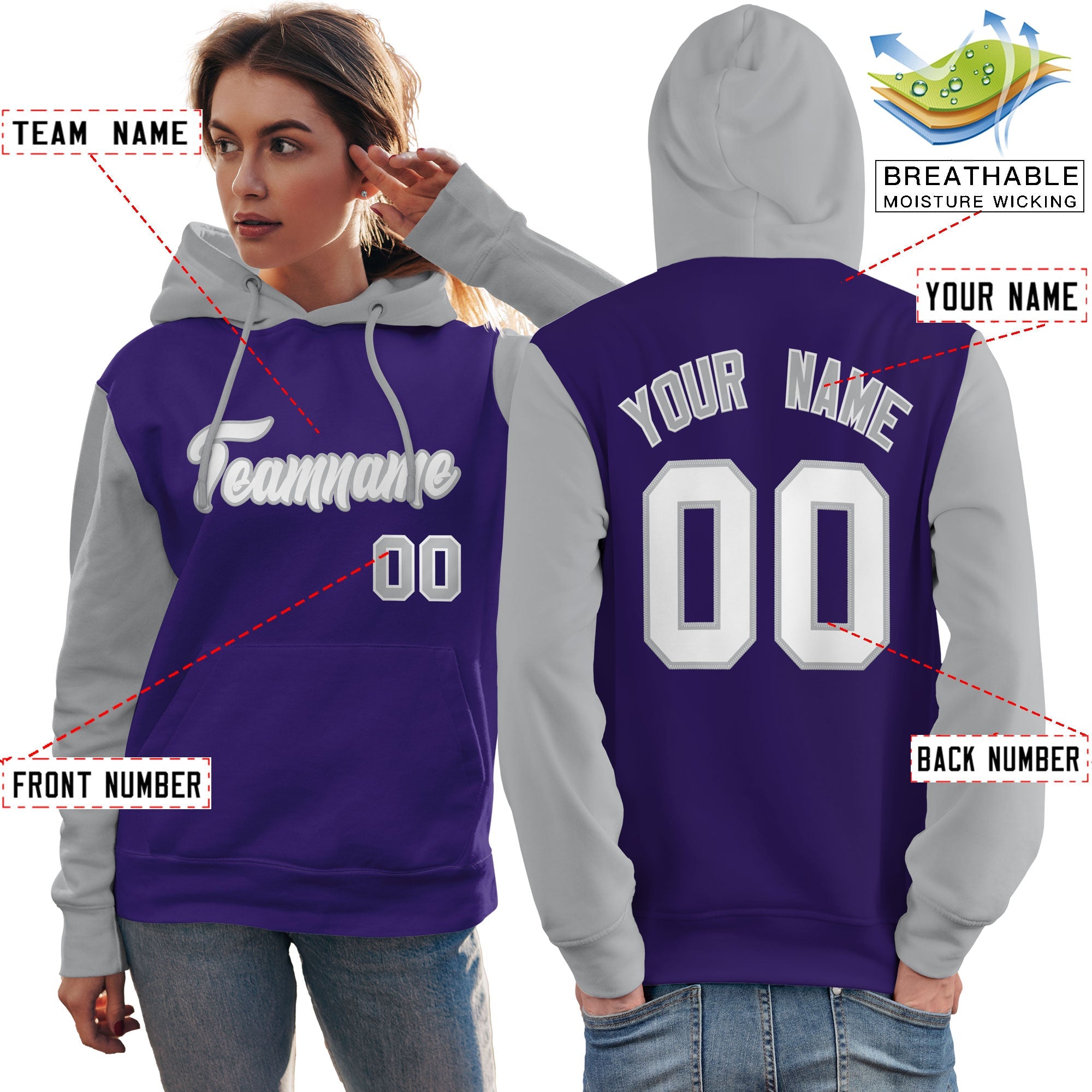 Custom Purple White-Gray Raglan Sleeves Pullover Personalized Team Sweatshirt Hoodie