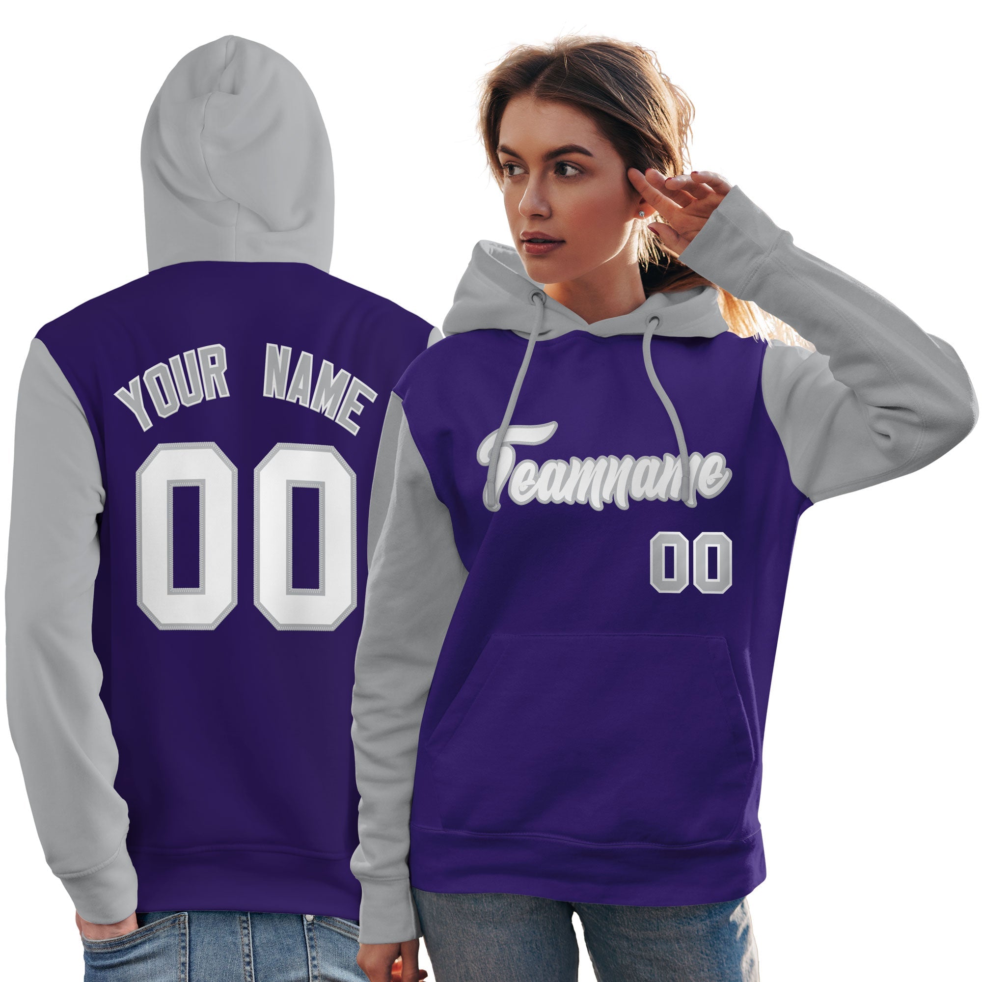 Custom Purple White-Gray Raglan Sleeves Pullover Personalized Team Sweatshirt Hoodie