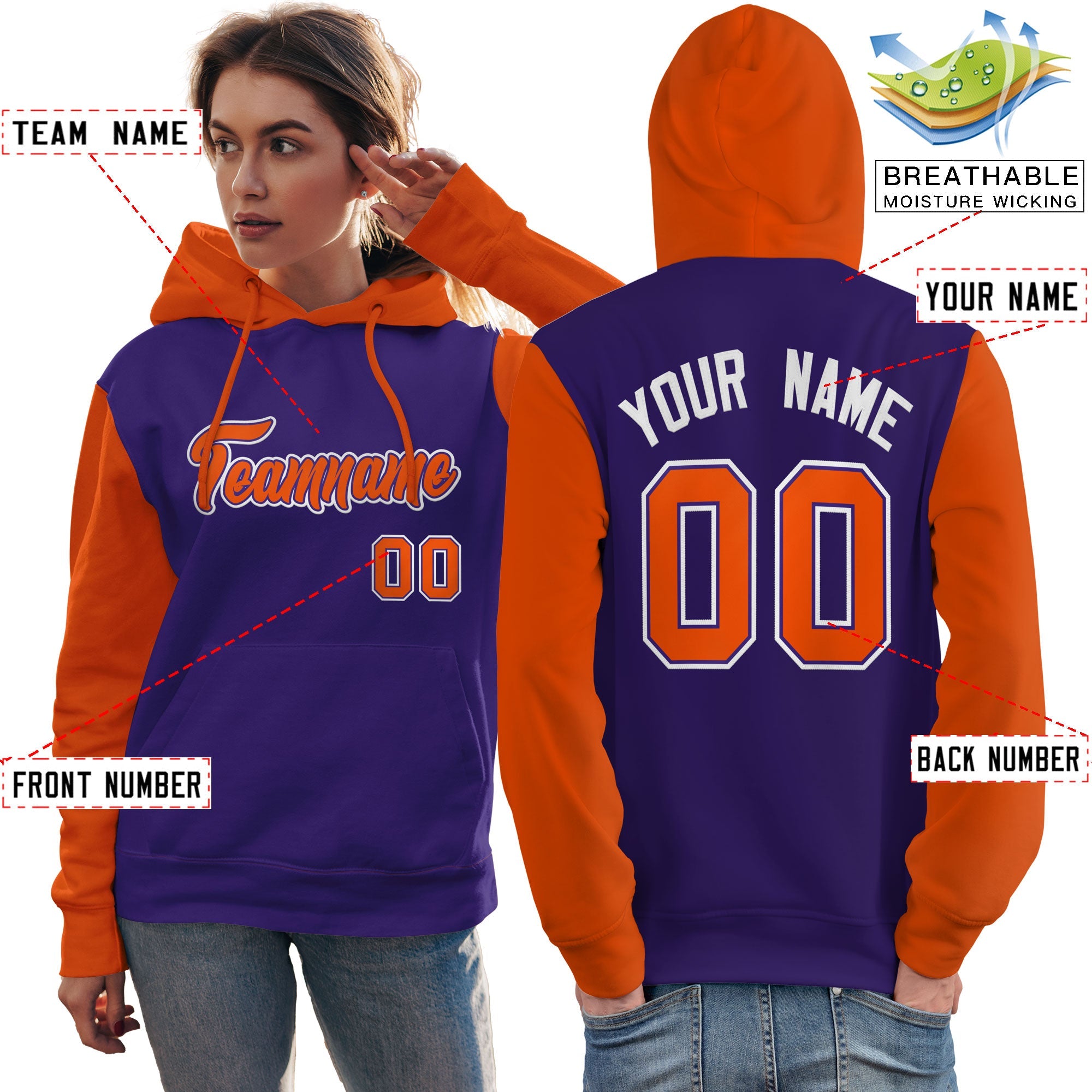 Custom Purple Orange-White Raglan Sleeves Pullover Personalized Team Sweatshirt Hoodie