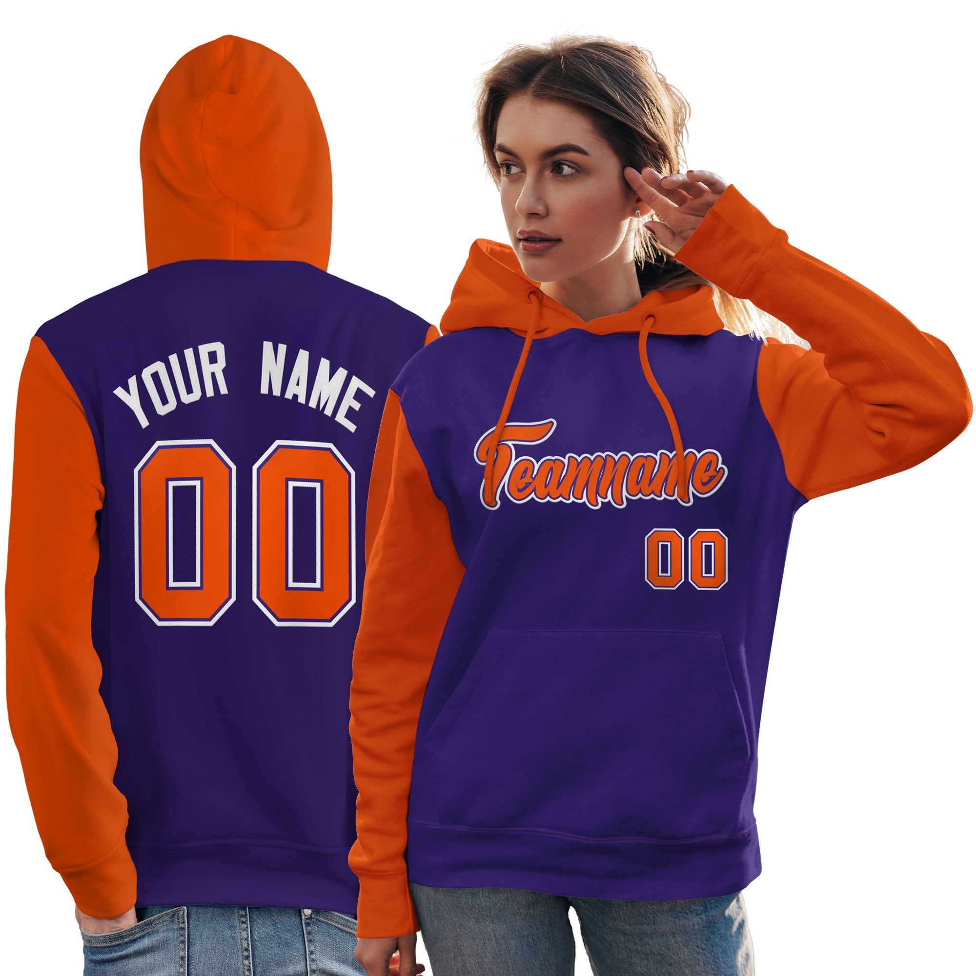 Custom Purple Orange-White Raglan Sleeves Pullover Personalized Team Sweatshirt Hoodie