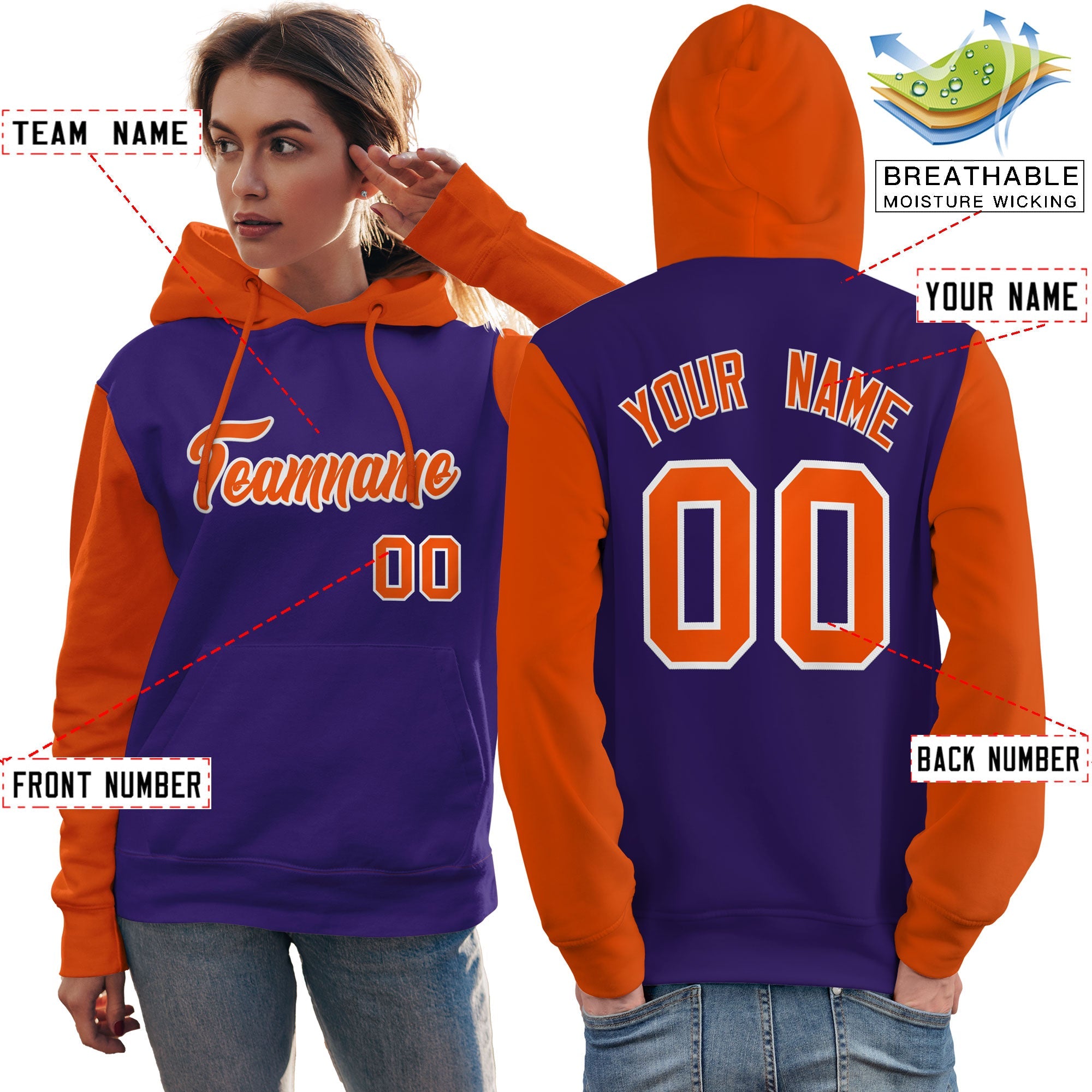 Custom Purple Orange-White Raglan Sleeves Pullover Personalized Team Sweatshirt Hoodie