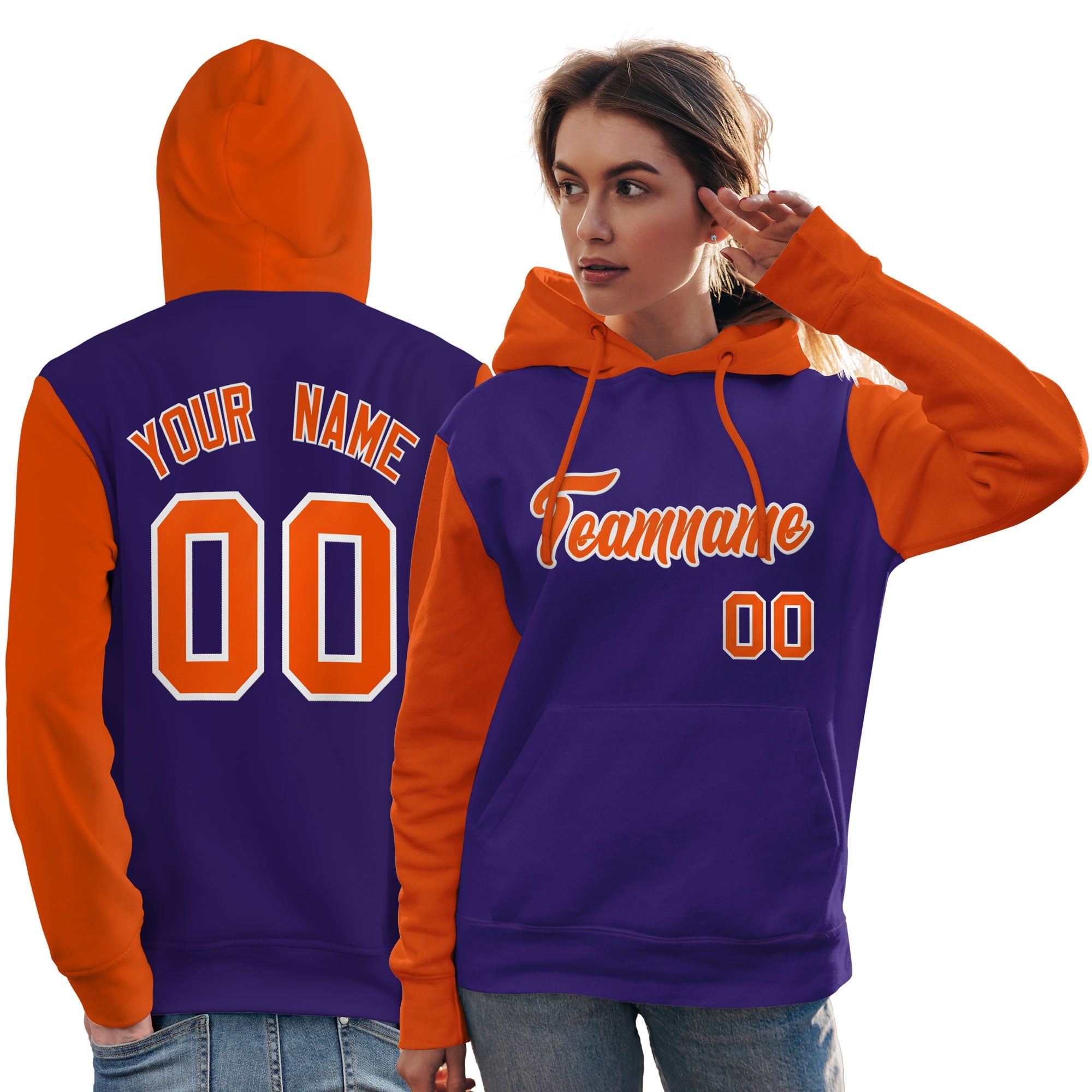 Custom Purple Orange-White Raglan Sleeves Pullover Personalized Team Sweatshirt Hoodie