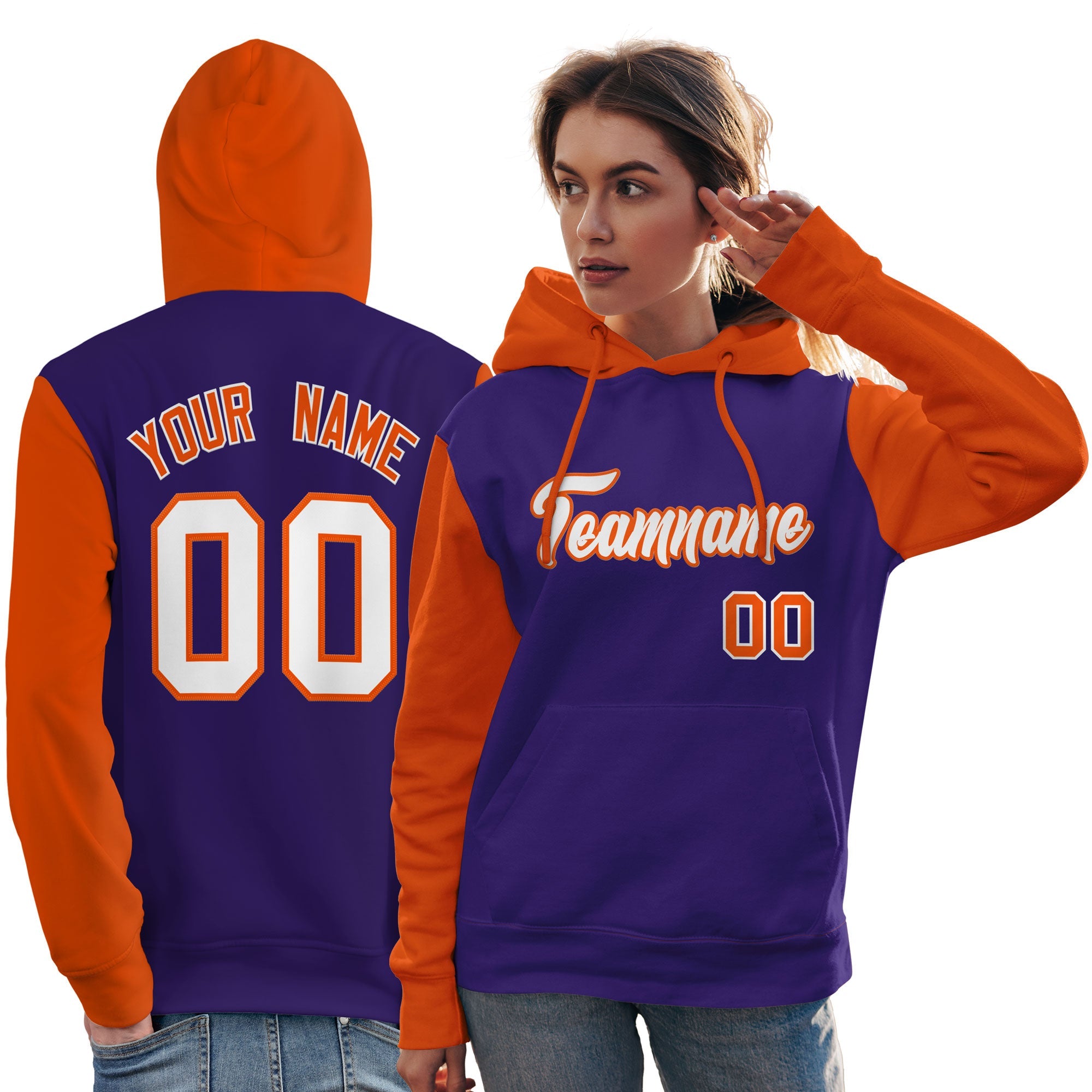 Custom Purple White-Orange Raglan Sleeves Pullover Personalized Team Sweatshirt Hoodie