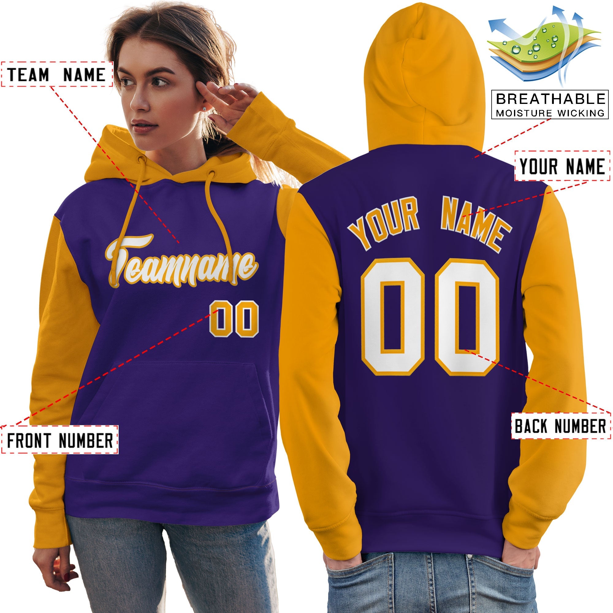 Custom Purple White-Gold Raglan Sleeves Pullover Personalized Team Sweatshirt Hoodie