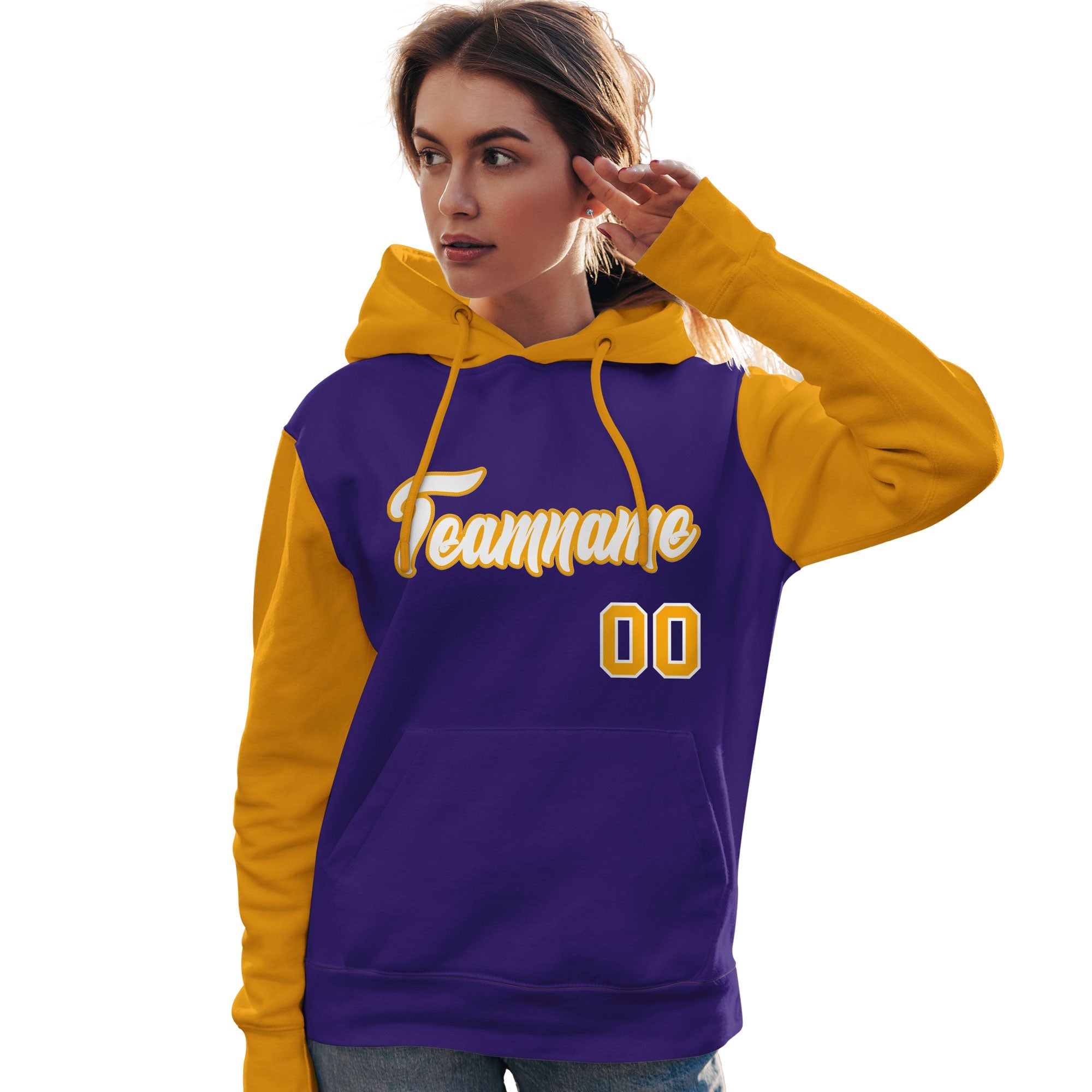 Custom Purple White-Gold Raglan Sleeves Pullover Personalized Team Sweatshirt Hoodie