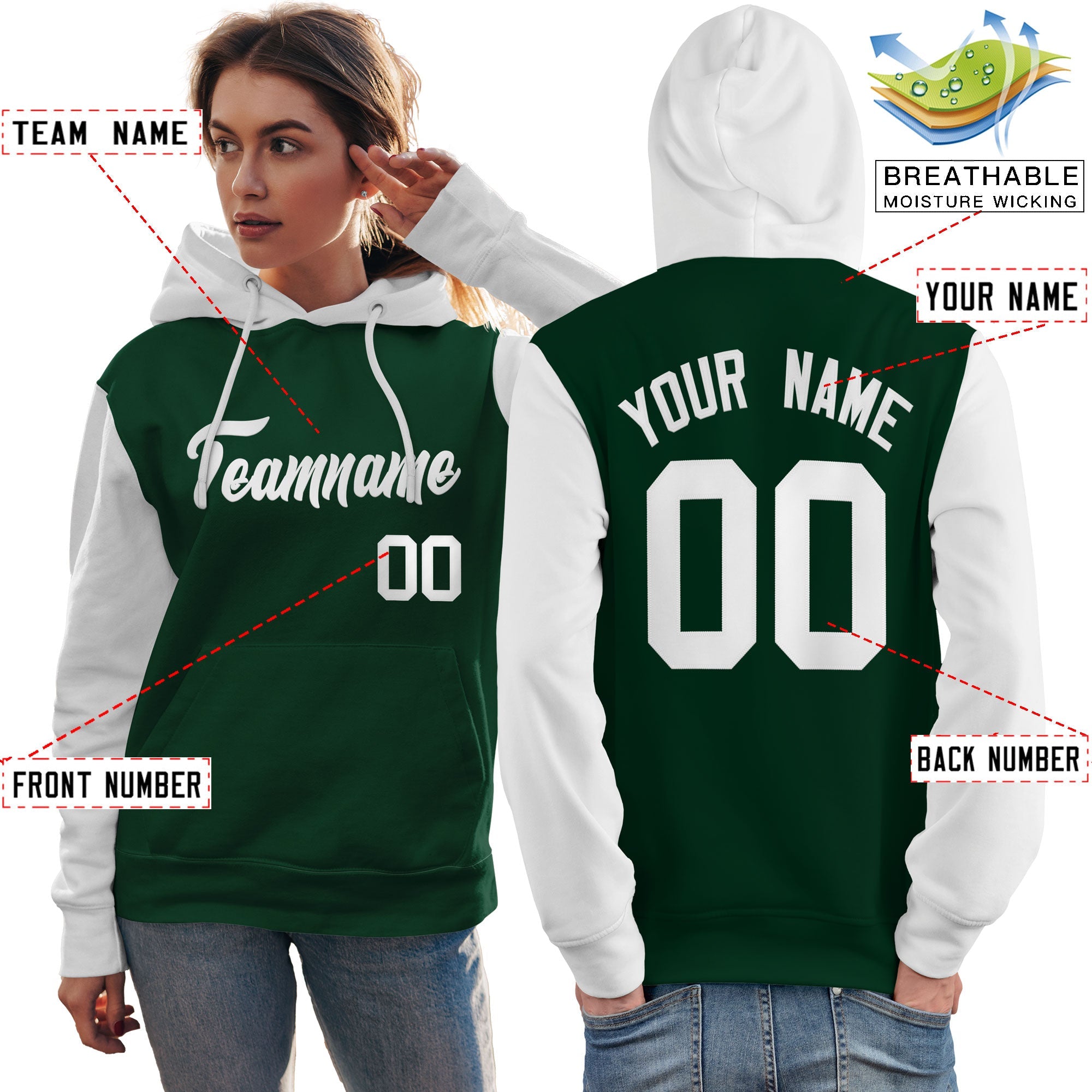 Custom Green White Raglan Sleeves Pullover Personalized Team Sweatshirt Hoodie