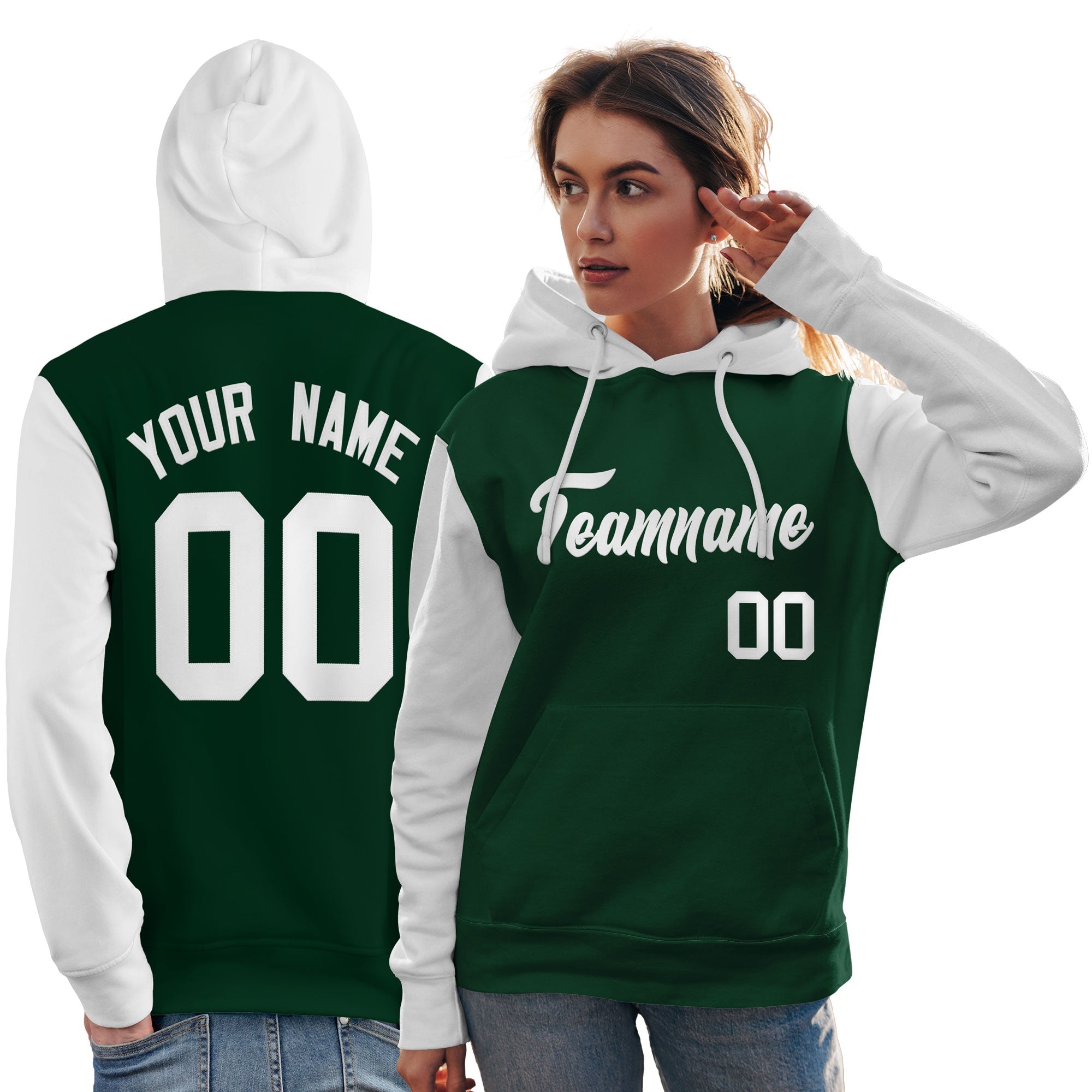 Custom Green White Raglan Sleeves Pullover Personalized Team Sweatshirt Hoodie