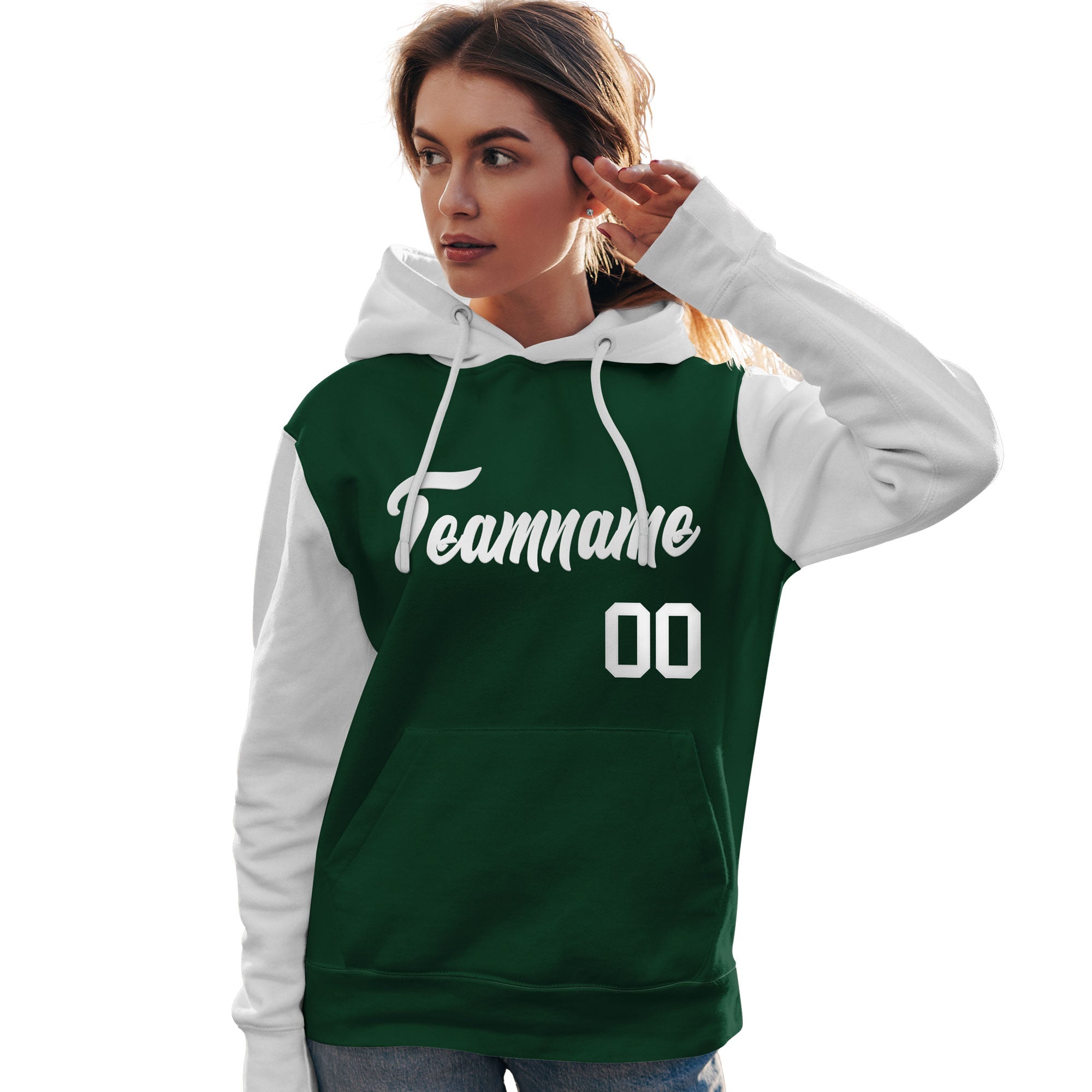 Custom Green White Raglan Sleeves Pullover Personalized Team Sweatshirt Hoodie