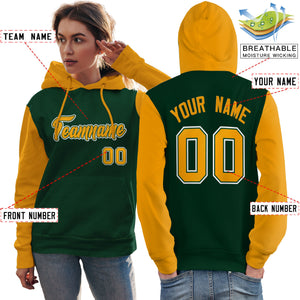 Custom Green Gold-White Raglan Sleeves Pullover Personalized Team Sweatshirt Hoodie