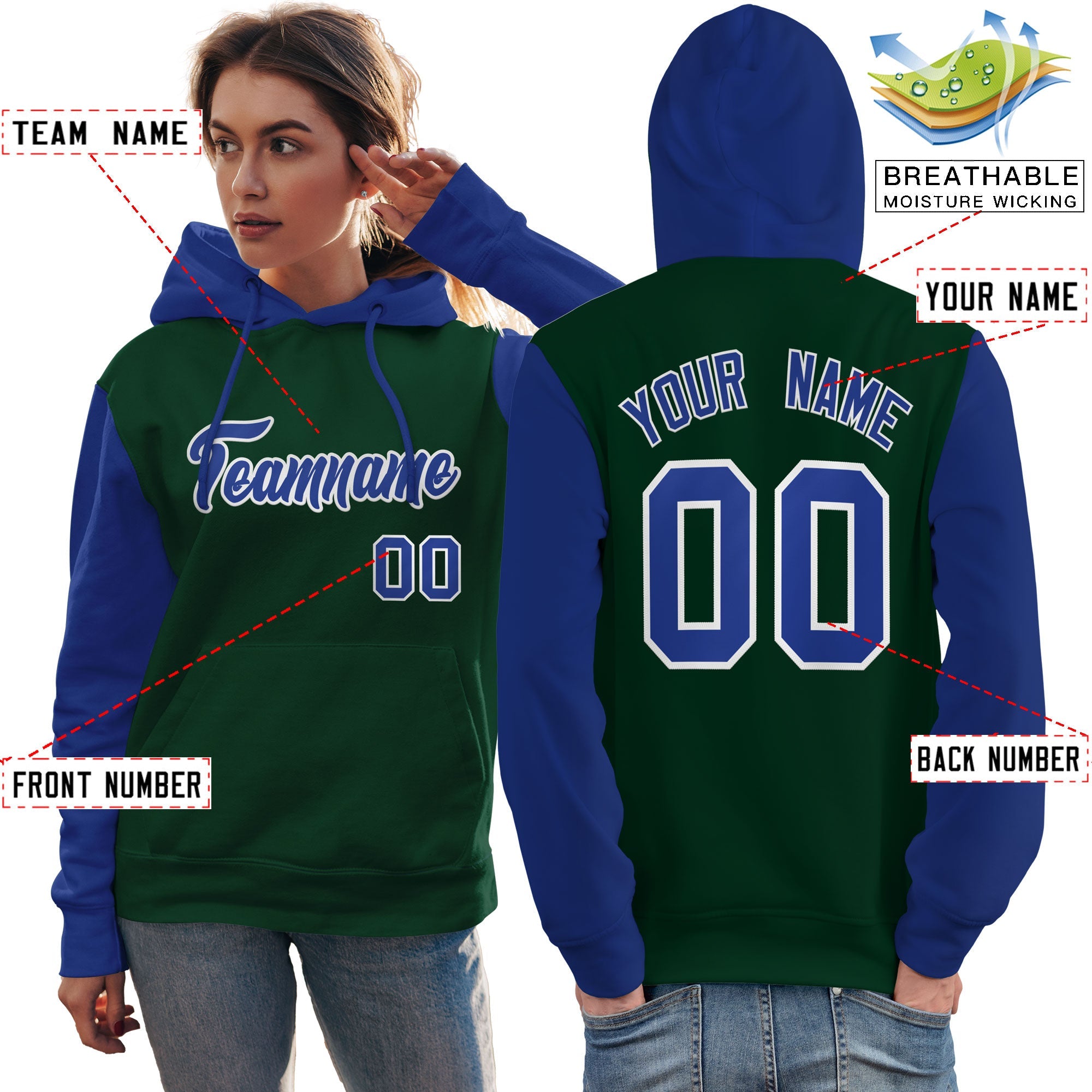 Custom Green Royal-White Raglan Sleeves Pullover Personalized Team Sweatshirt Hoodie