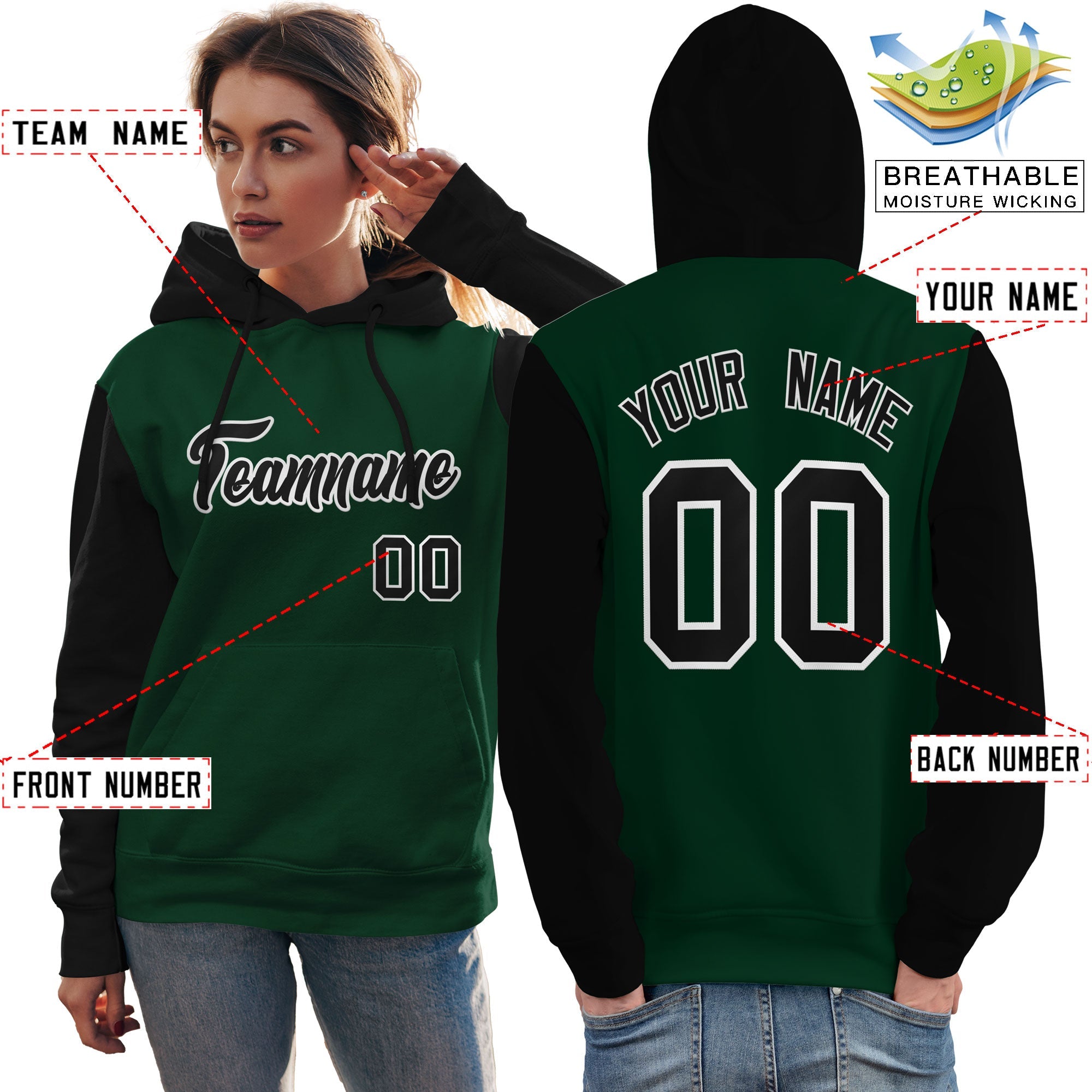 Custom Green Black-White Raglan Sleeves Pullover Personalized Team Sweatshirt Hoodie