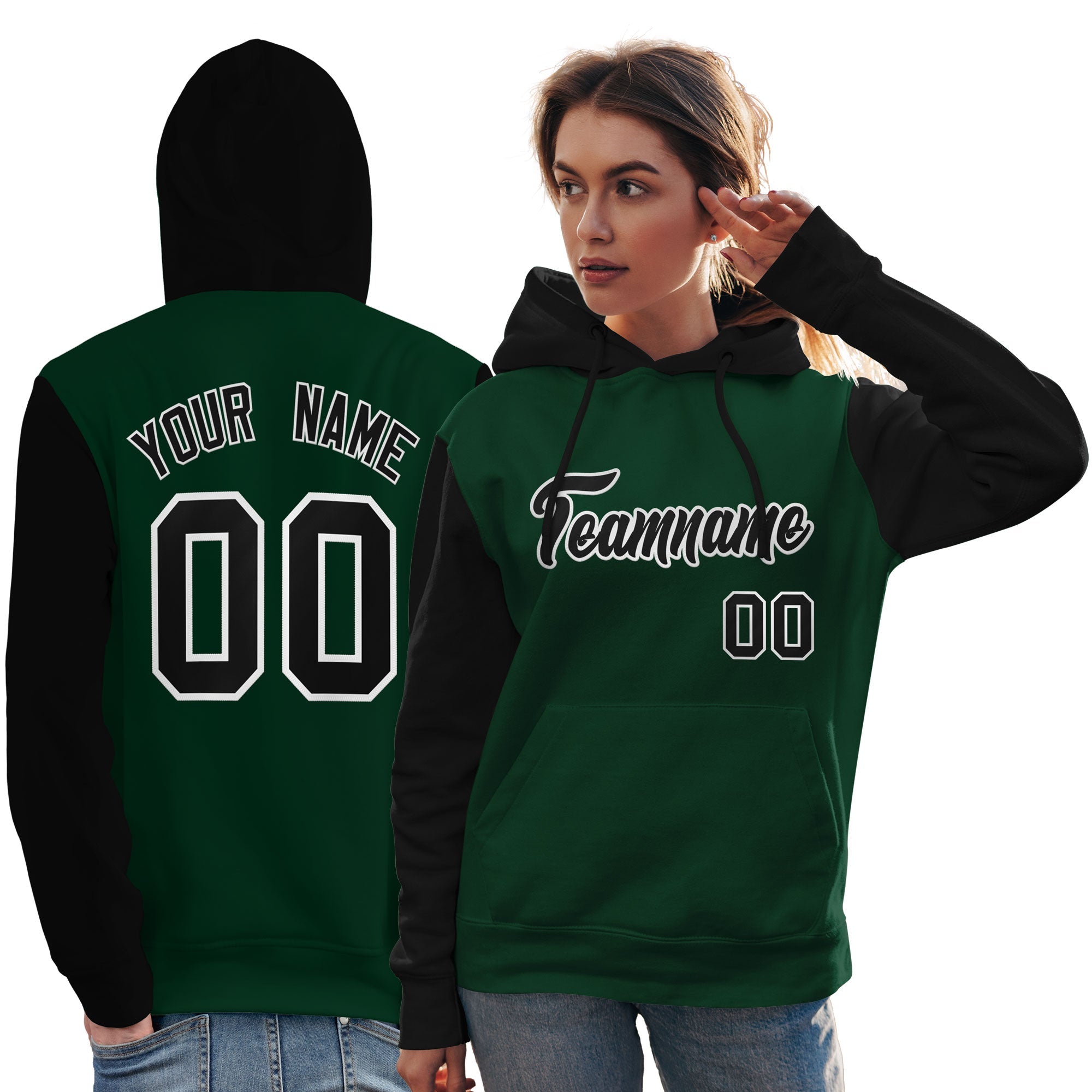 Custom Green Black-White Raglan Sleeves Pullover Personalized Team Sweatshirt Hoodie