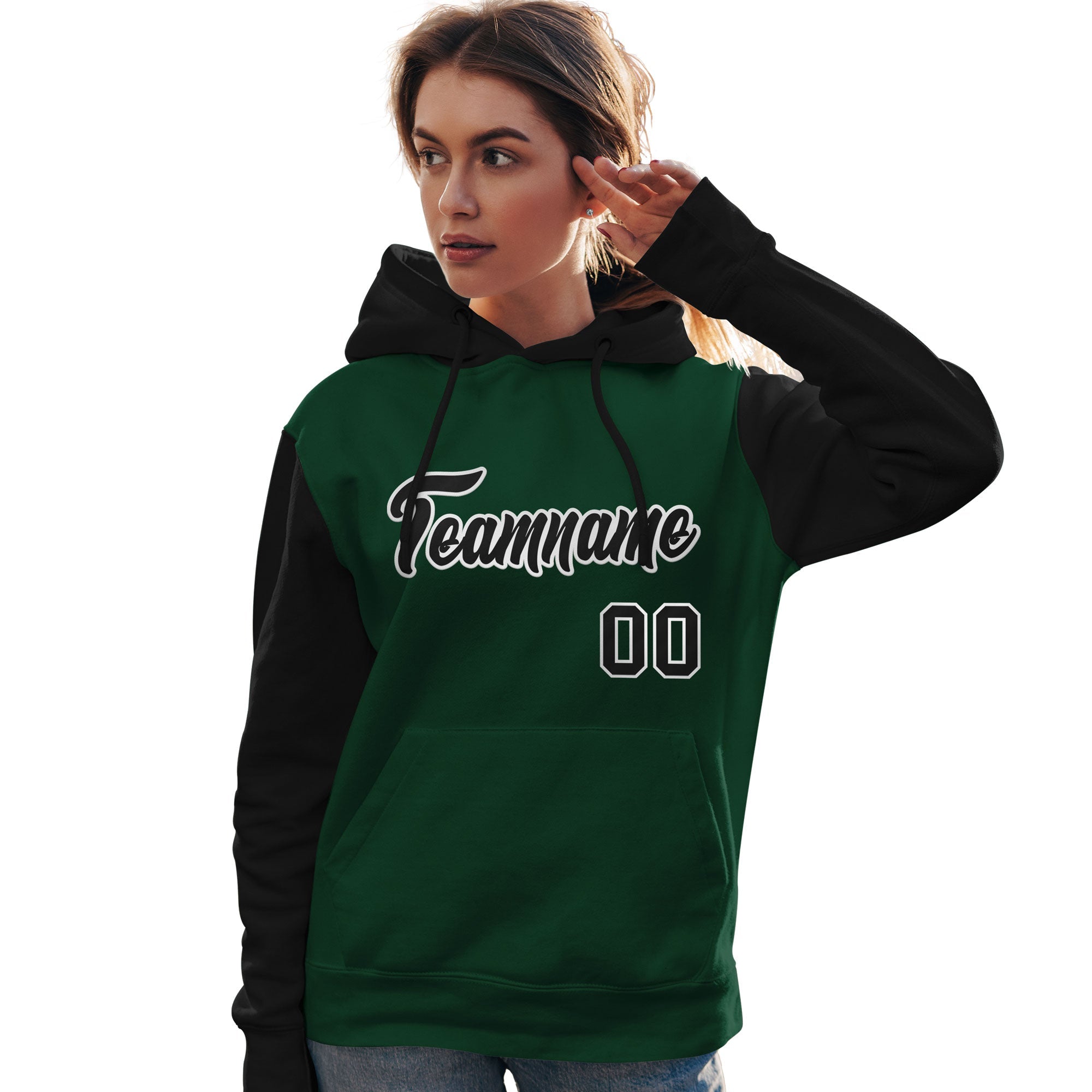 Custom Green Black-White Raglan Sleeves Pullover Personalized Team Sweatshirt Hoodie