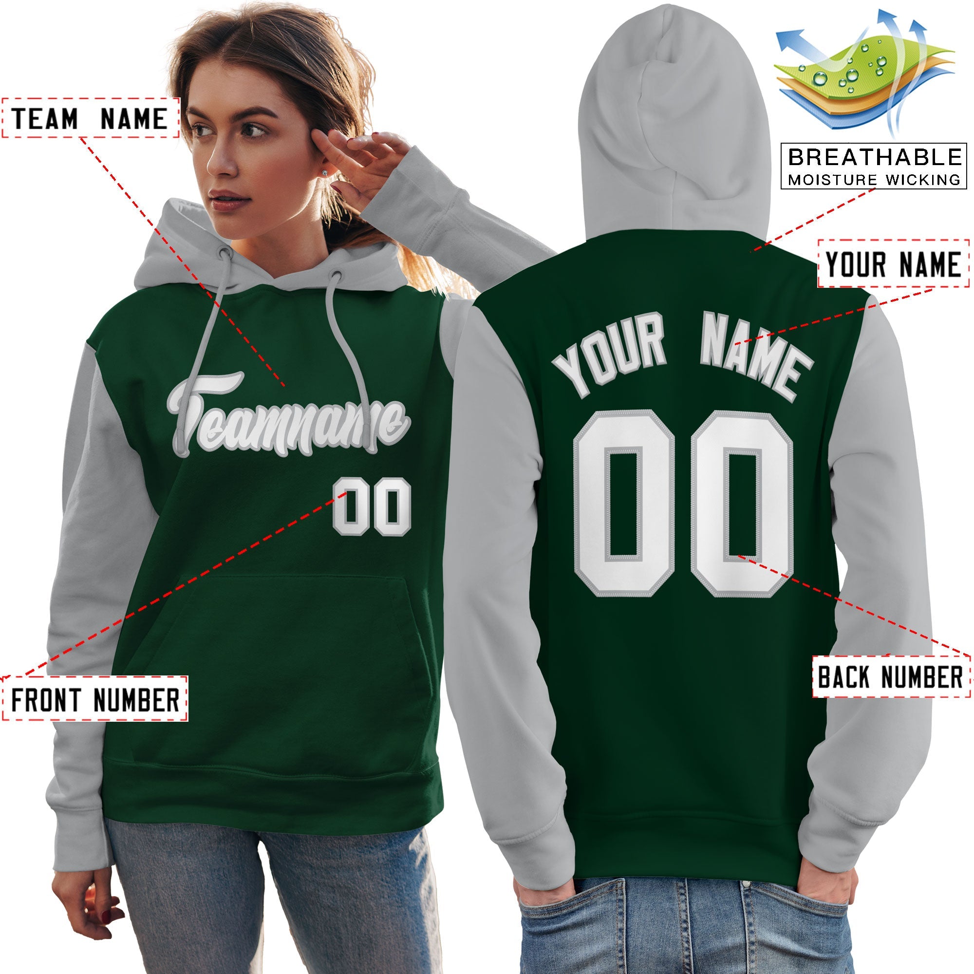 Custom Green White-Gray Raglan Sleeves Pullover Personalized Team Sweatshirt Hoodie