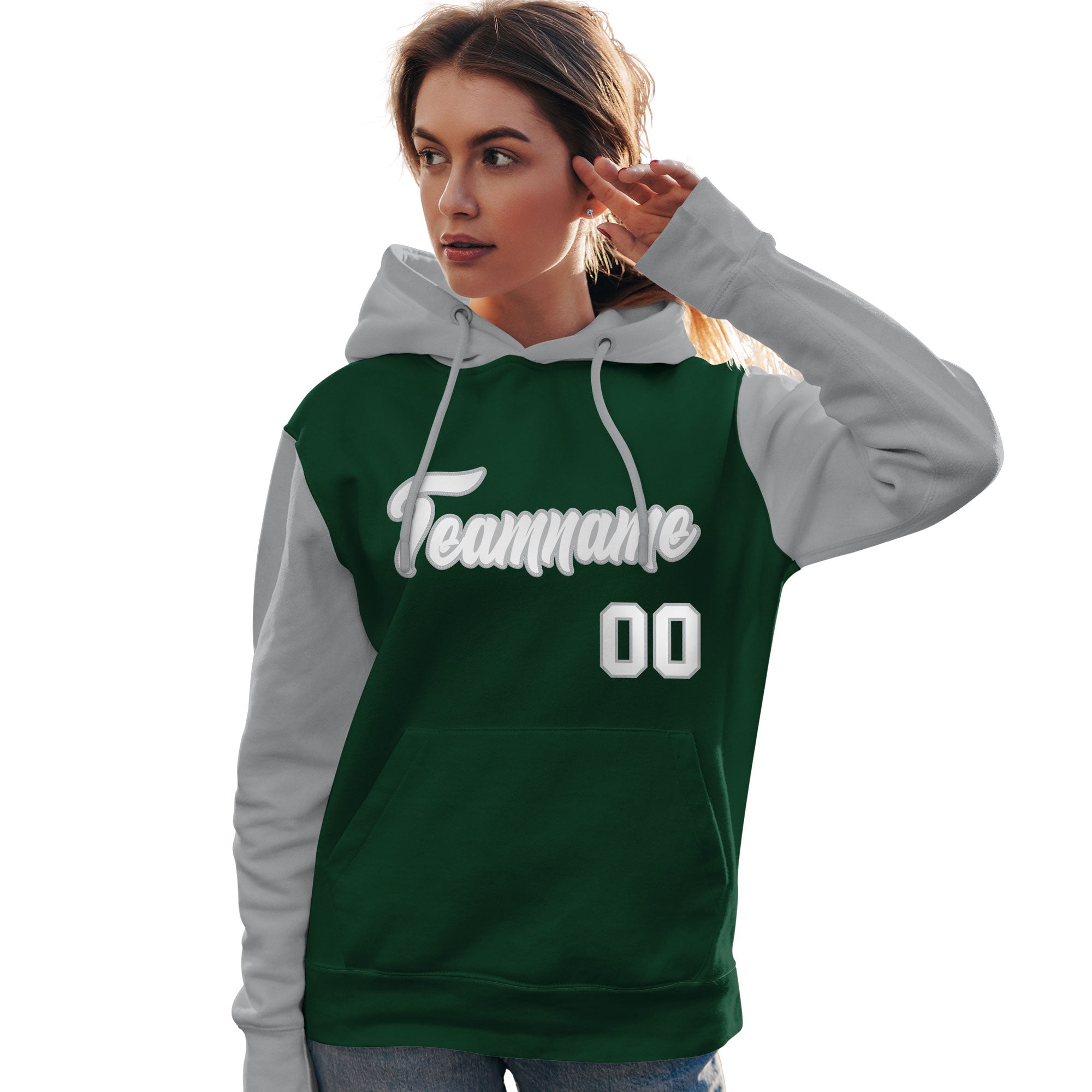 Custom Green White-Gray Raglan Sleeves Pullover Personalized Team Sweatshirt Hoodie