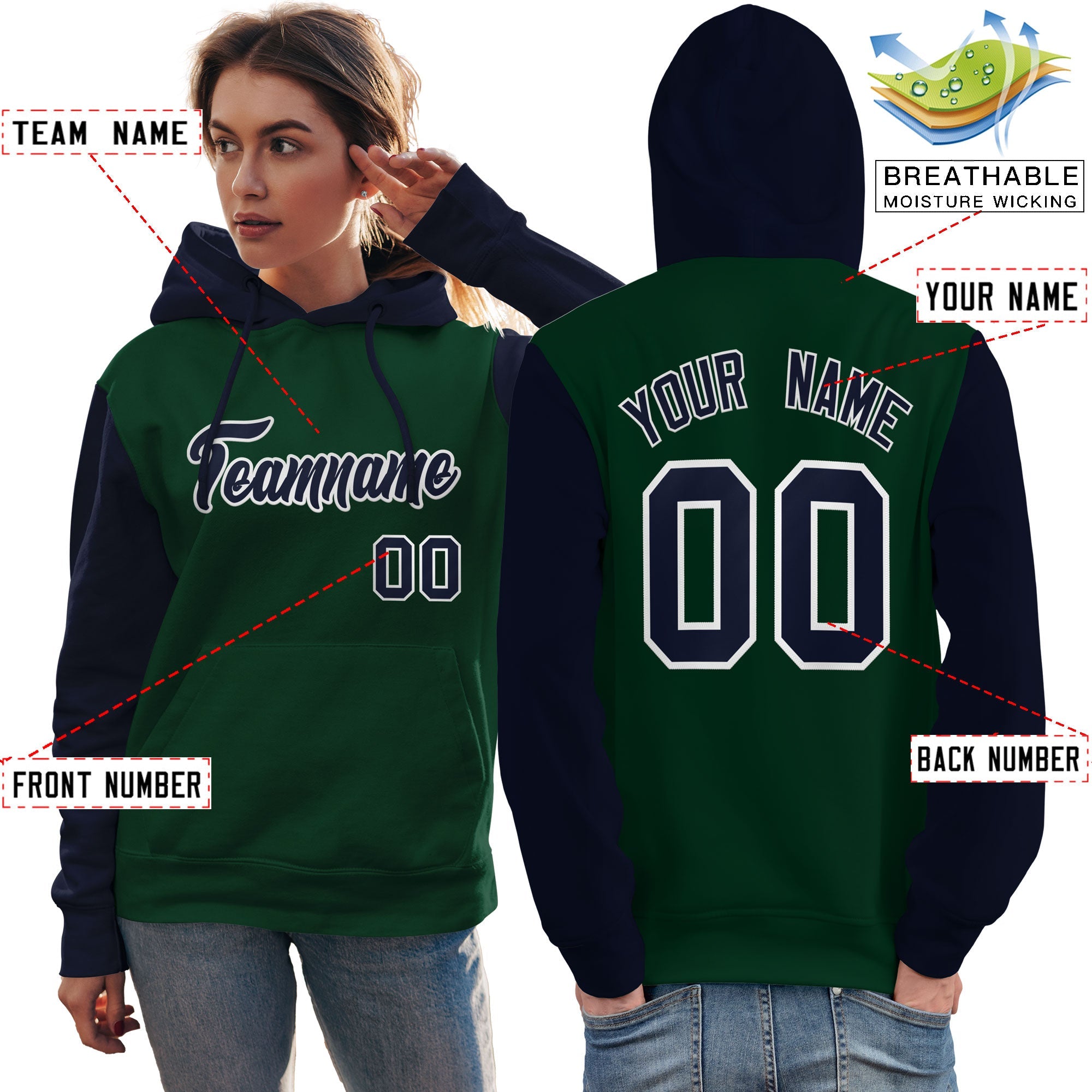 Custom Green Navy-White Raglan Sleeves Pullover Personalized Team Sweatshirt Hoodie