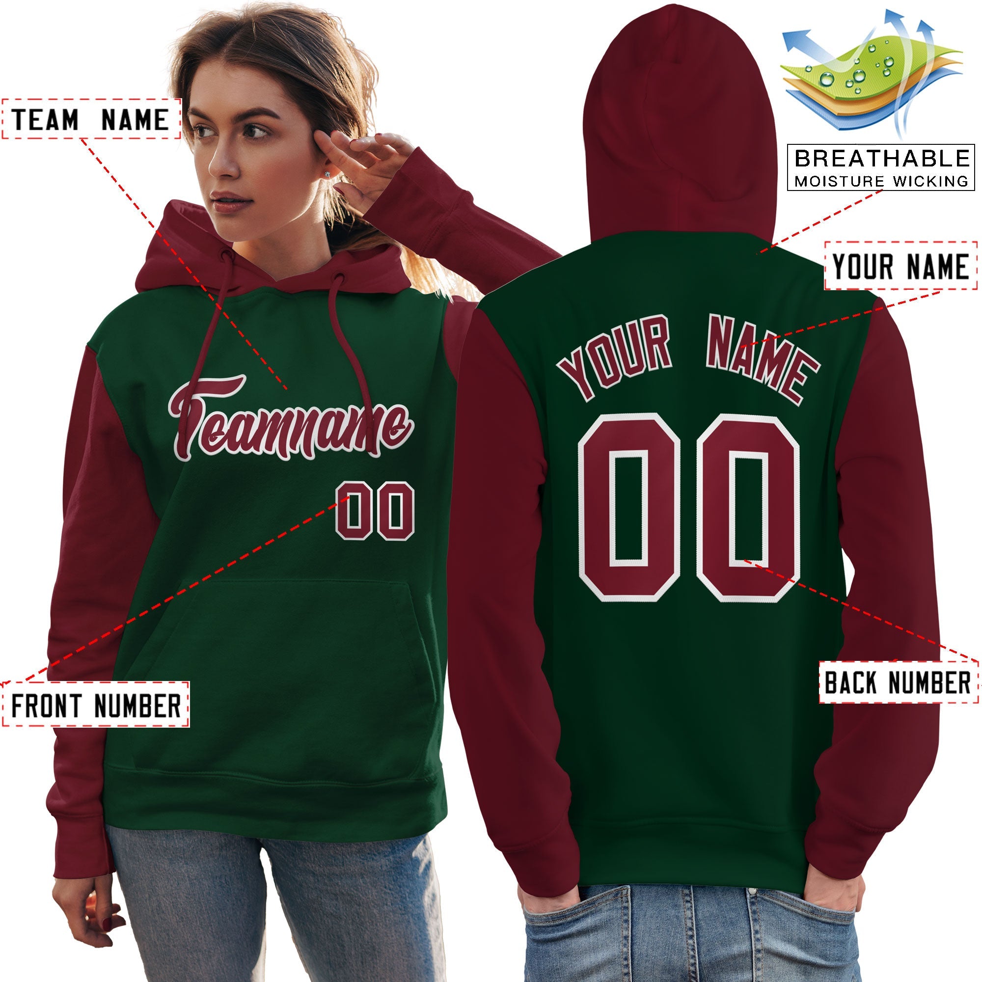 Custom Green Crimson-White Raglan Sleeves Pullover Personalized Team Sweatshirt Hoodie