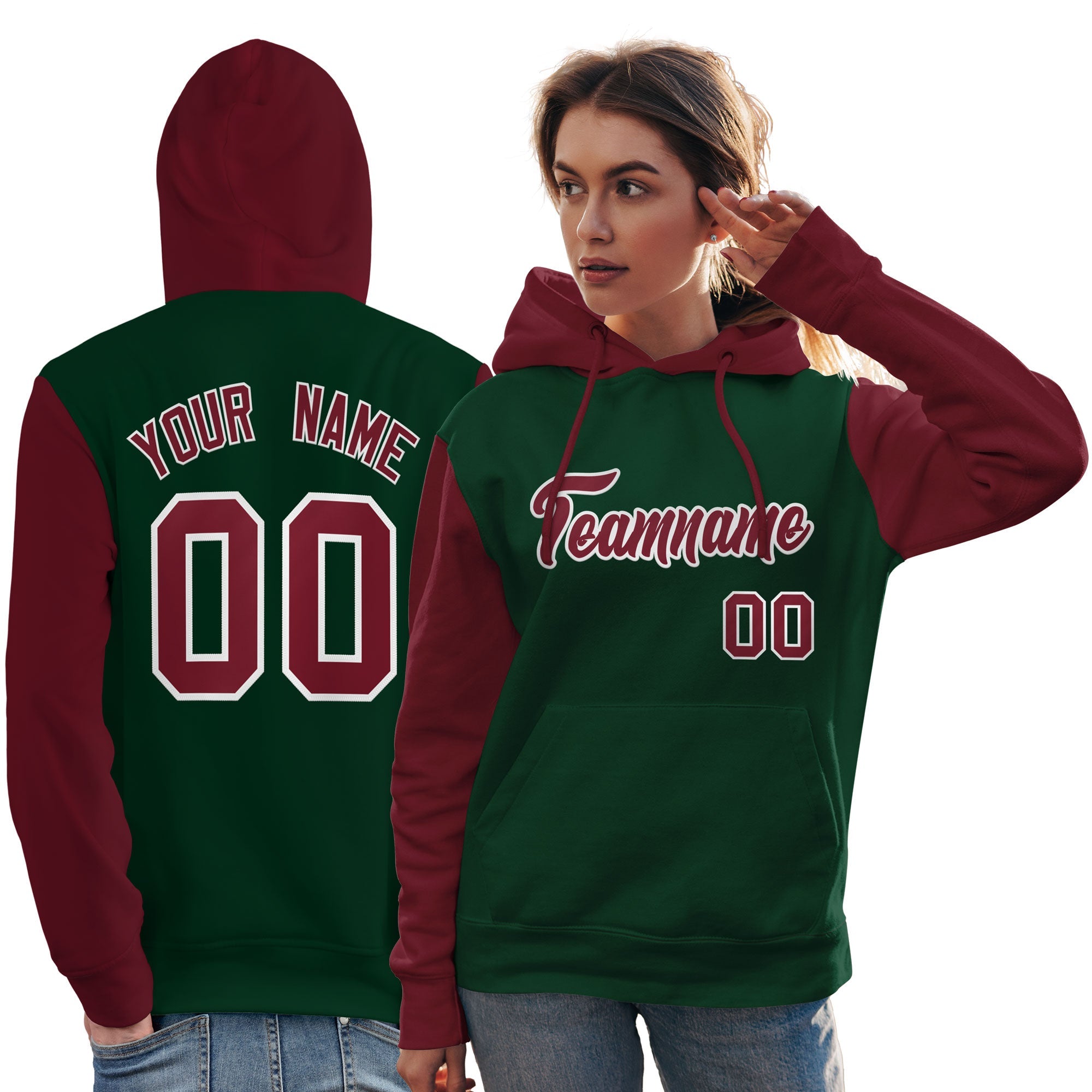 Custom Green Crimson-White Raglan Sleeves Pullover Personalized Team Sweatshirt Hoodie