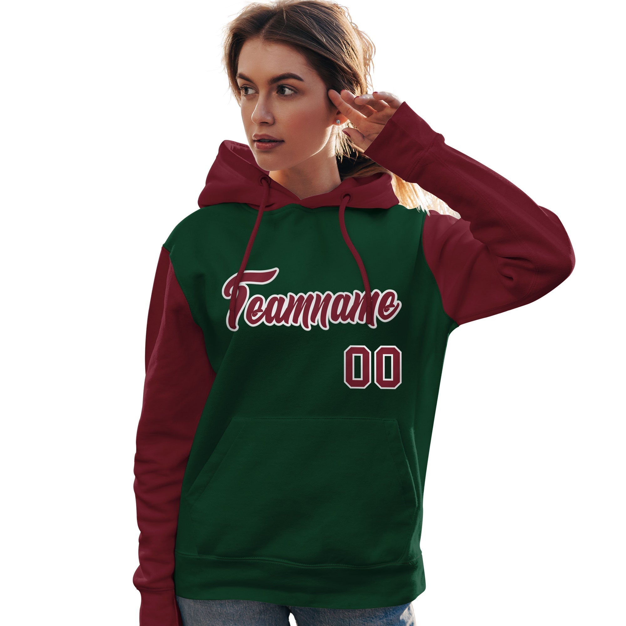 Custom Green Crimson-White Raglan Sleeves Pullover Personalized Team Sweatshirt Hoodie