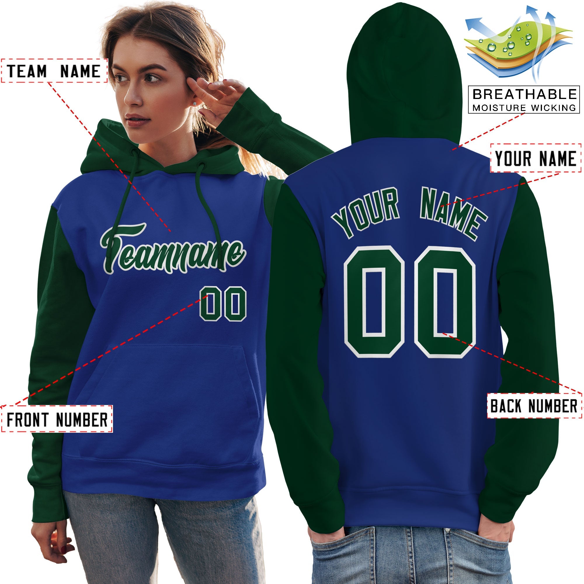 Custom Royal Green-White Raglan Sleeves Pullover Personalized Team Sweatshirt Hoodie