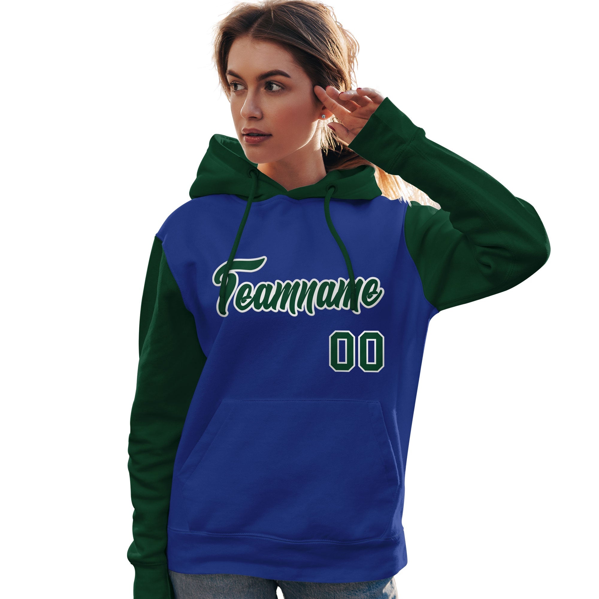 Custom Royal Green-White Raglan Sleeves Pullover Personalized Team Sweatshirt Hoodie