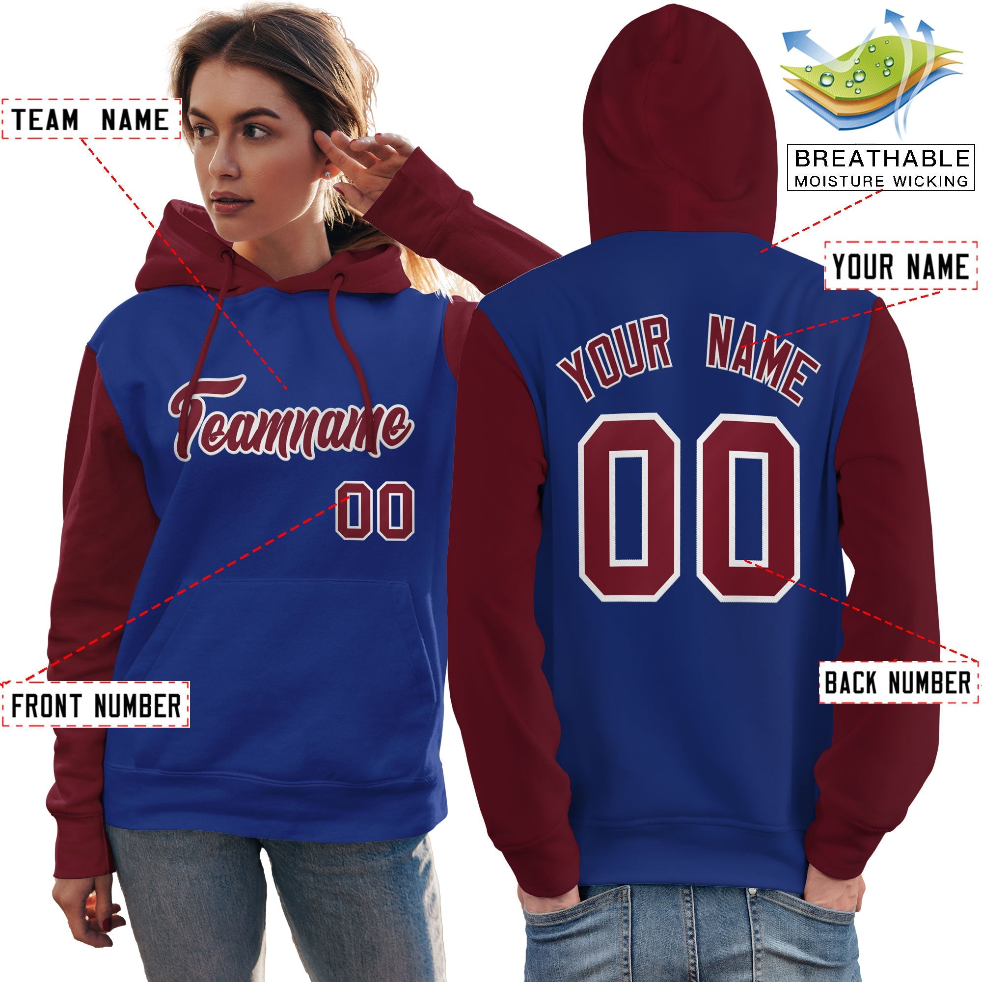 Custom Royal Crimson-White Raglan Sleeves Pullover Personalized Team Sweatshirt Hoodie