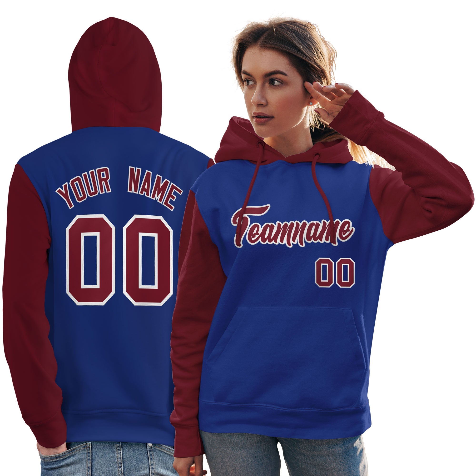 Custom Royal Crimson-White Raglan Sleeves Pullover Personalized Team Sweatshirt Hoodie