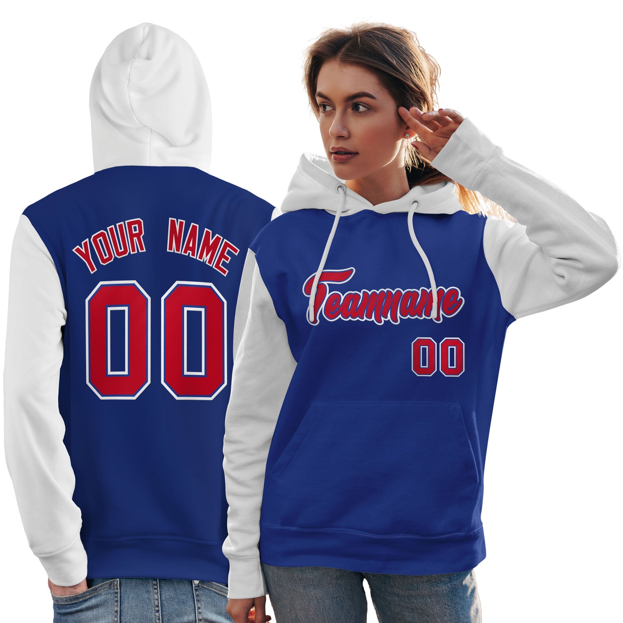 Custom Royal Red-White Raglan Sleeves Pullover Personalized Team Sweatshirt Hoodie