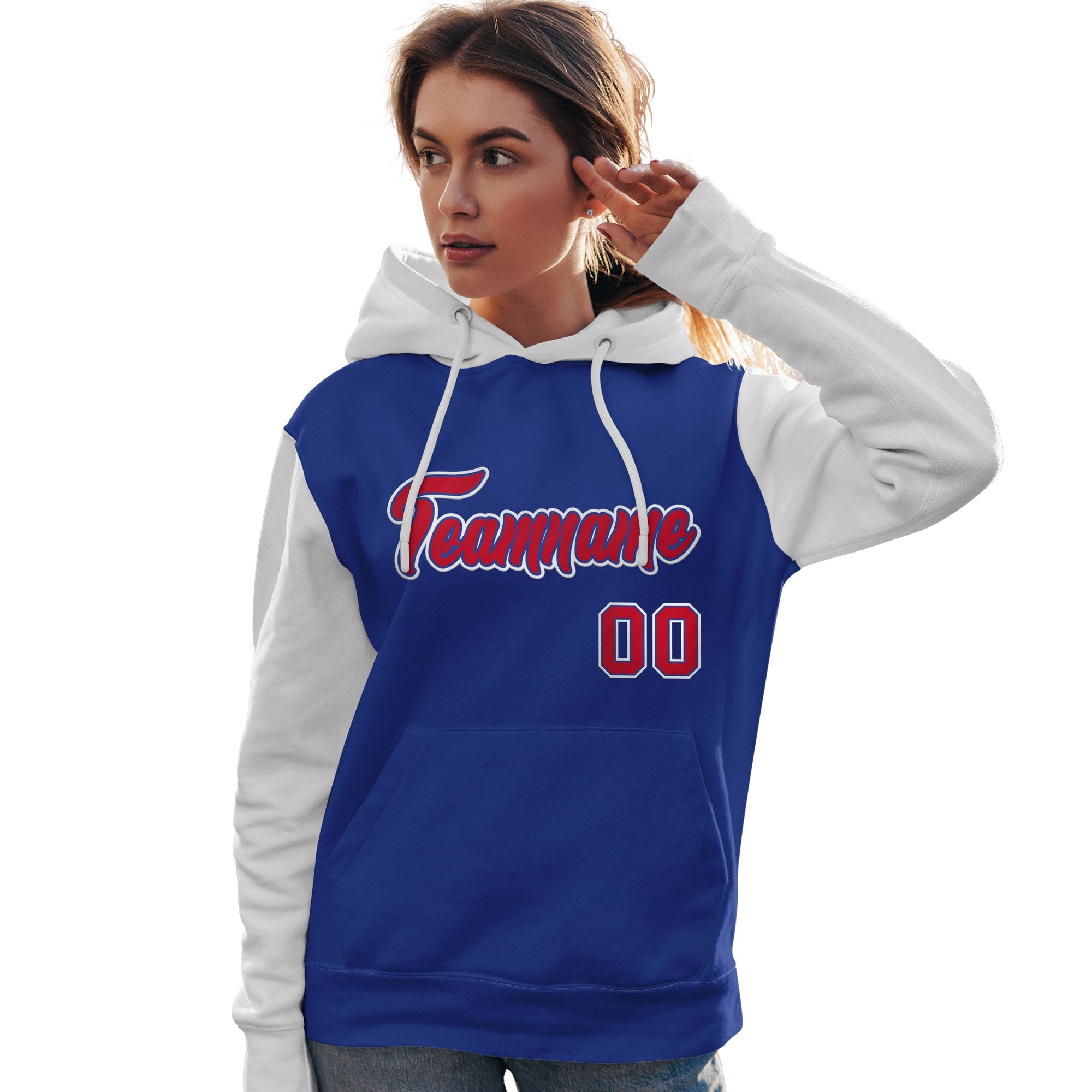 Custom Royal Red-White Raglan Sleeves Pullover Personalized Team Sweatshirt Hoodie