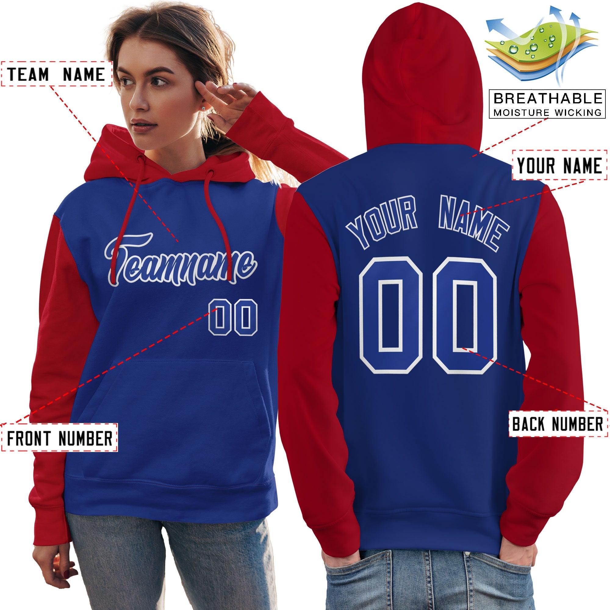 Custom Royal White-Red Raglan Sleeves Pullover Personalized Team Sweatshirt Hoodie