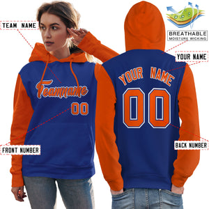 Custom Royal Orange-White Raglan Sleeves Pullover Personalized Team Sweatshirt Hoodie